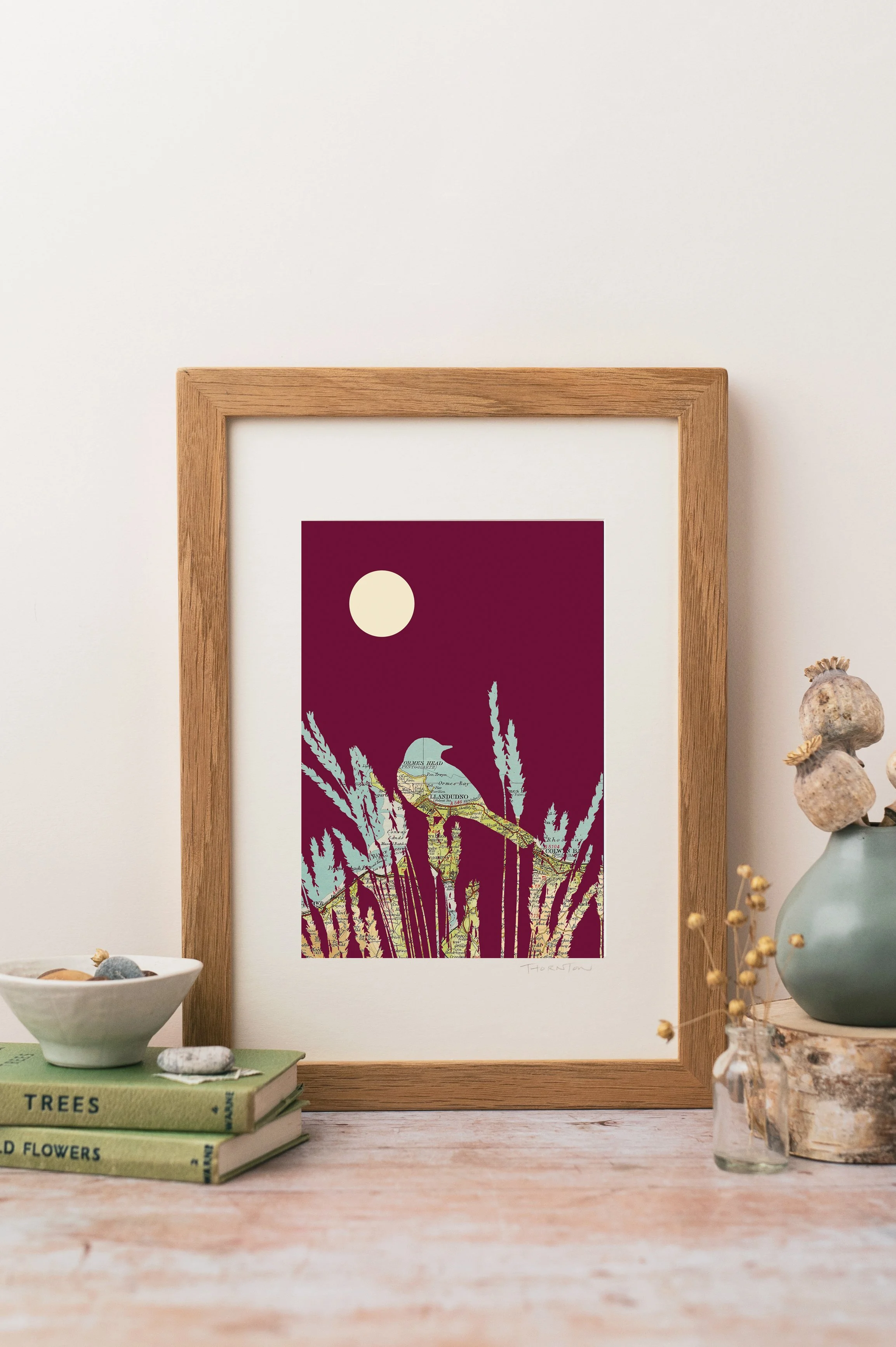 Llandudno Wagtail A4 Map Print with burgundy background