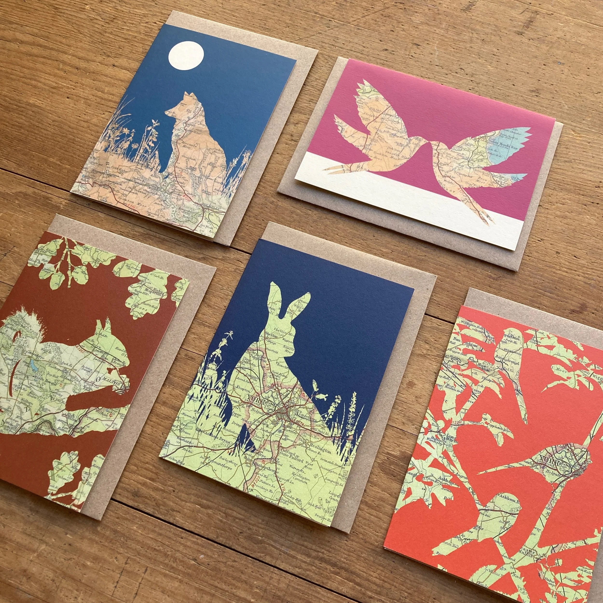 A collection of five nature inspired map cards featuring the city of York, Robin Hood's Bay. Yorkshire Arboretum and North Yorkshire Moors