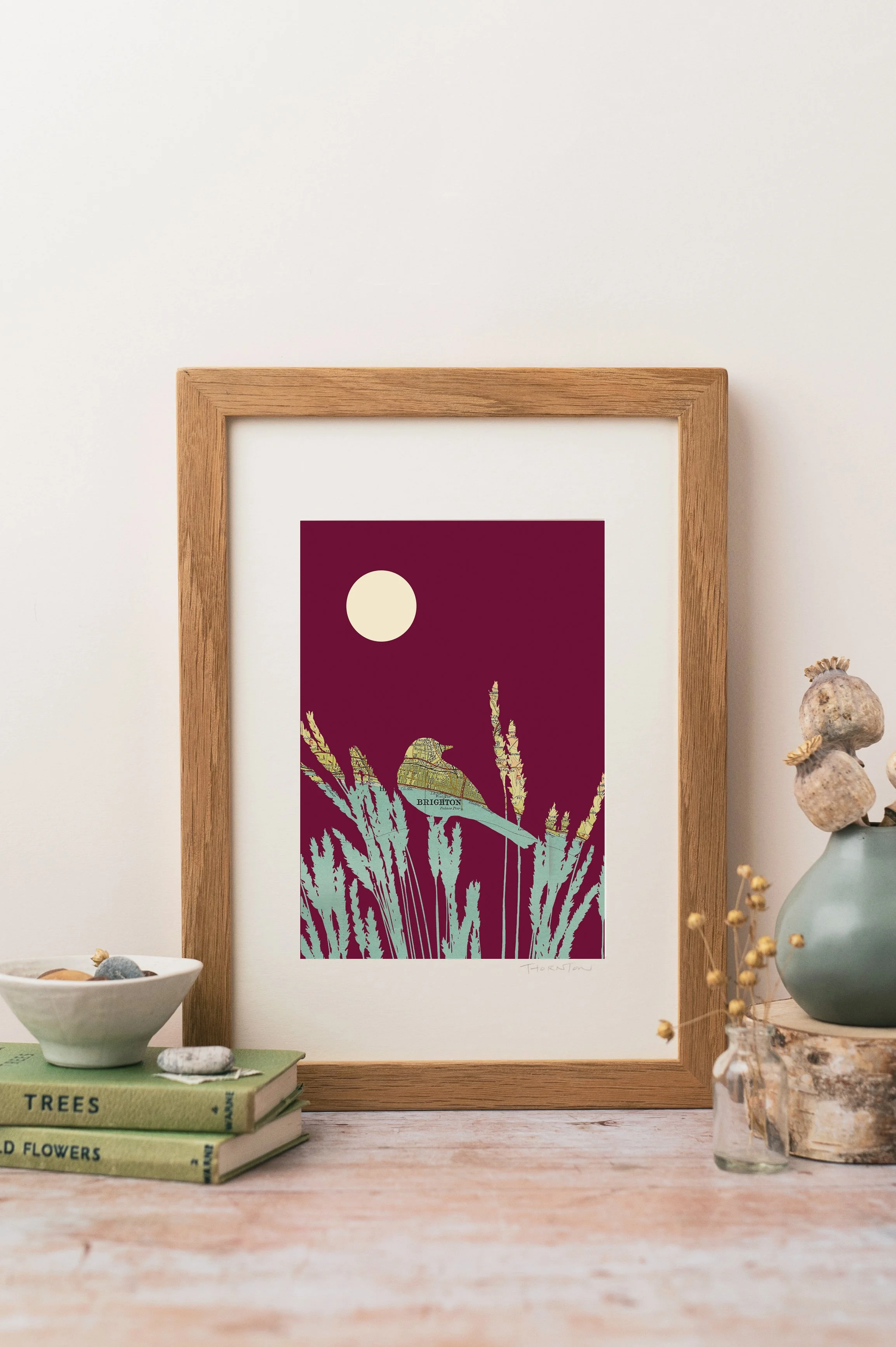 Brighton Wagtail A4 Map Print with burgundy background