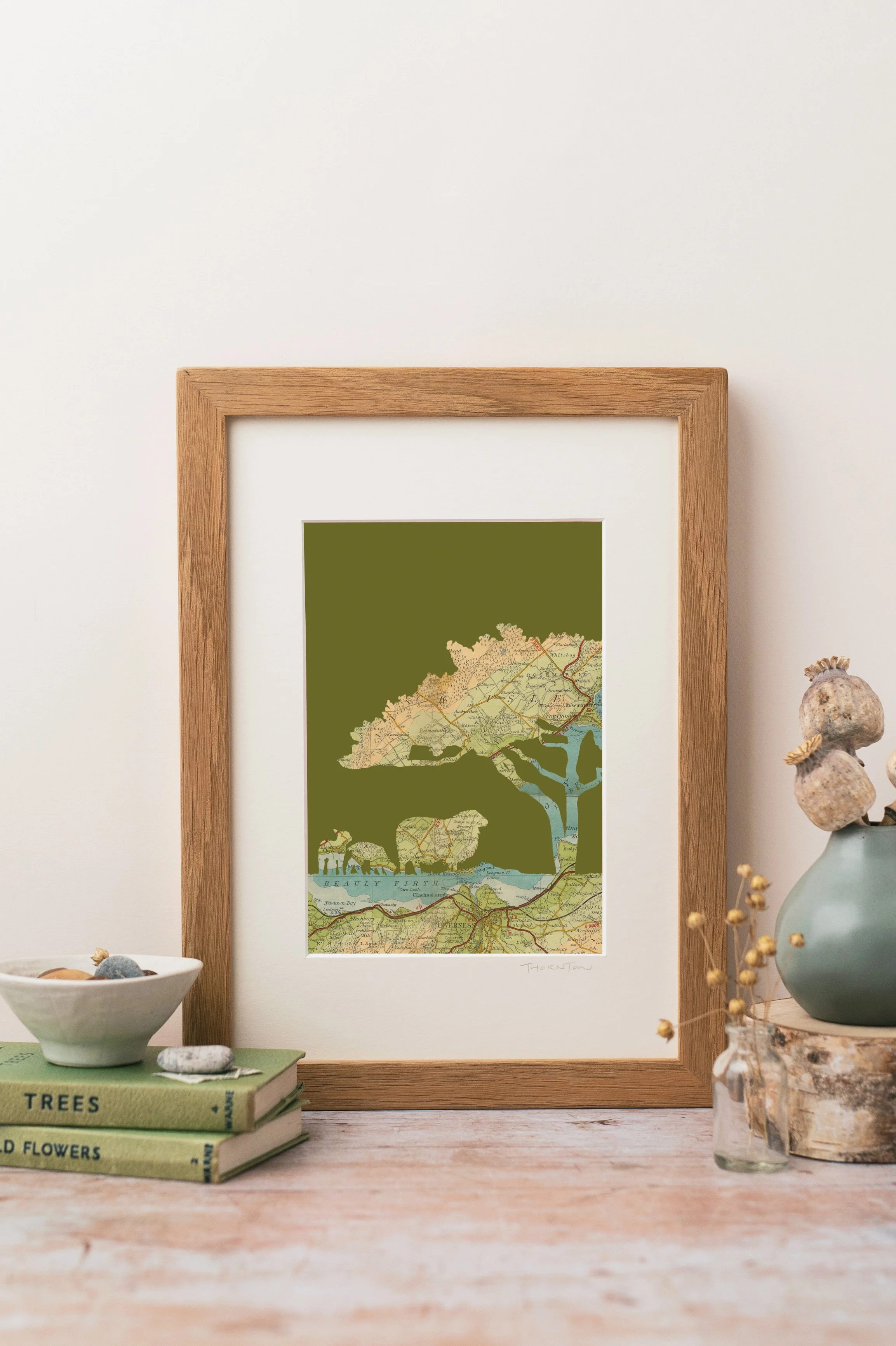 Inverness Sheep Print with moss green background