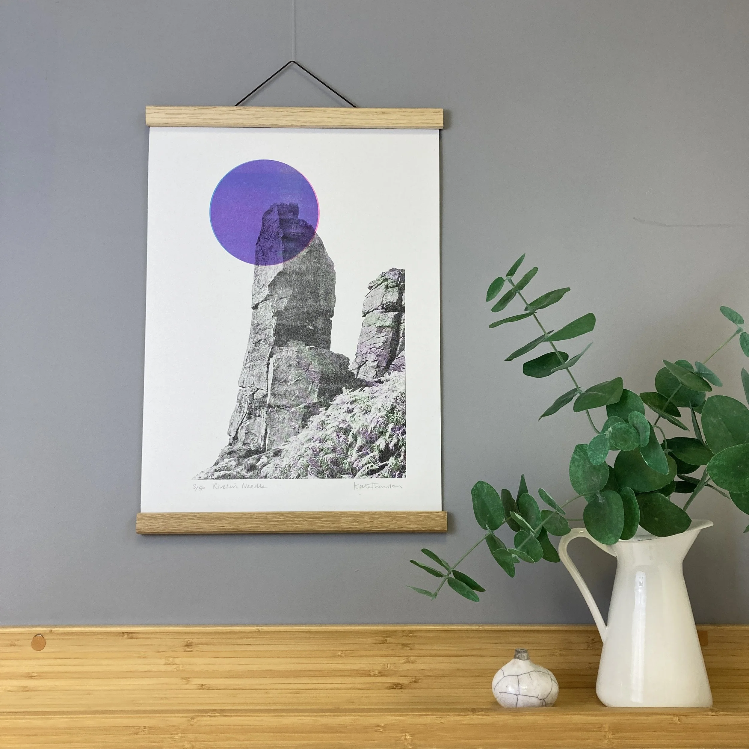 Peak District Rivelin Needle Artwork near Sheffield. A three colour riso print featuring a gritsone obelisk. Art for climbers and walkers