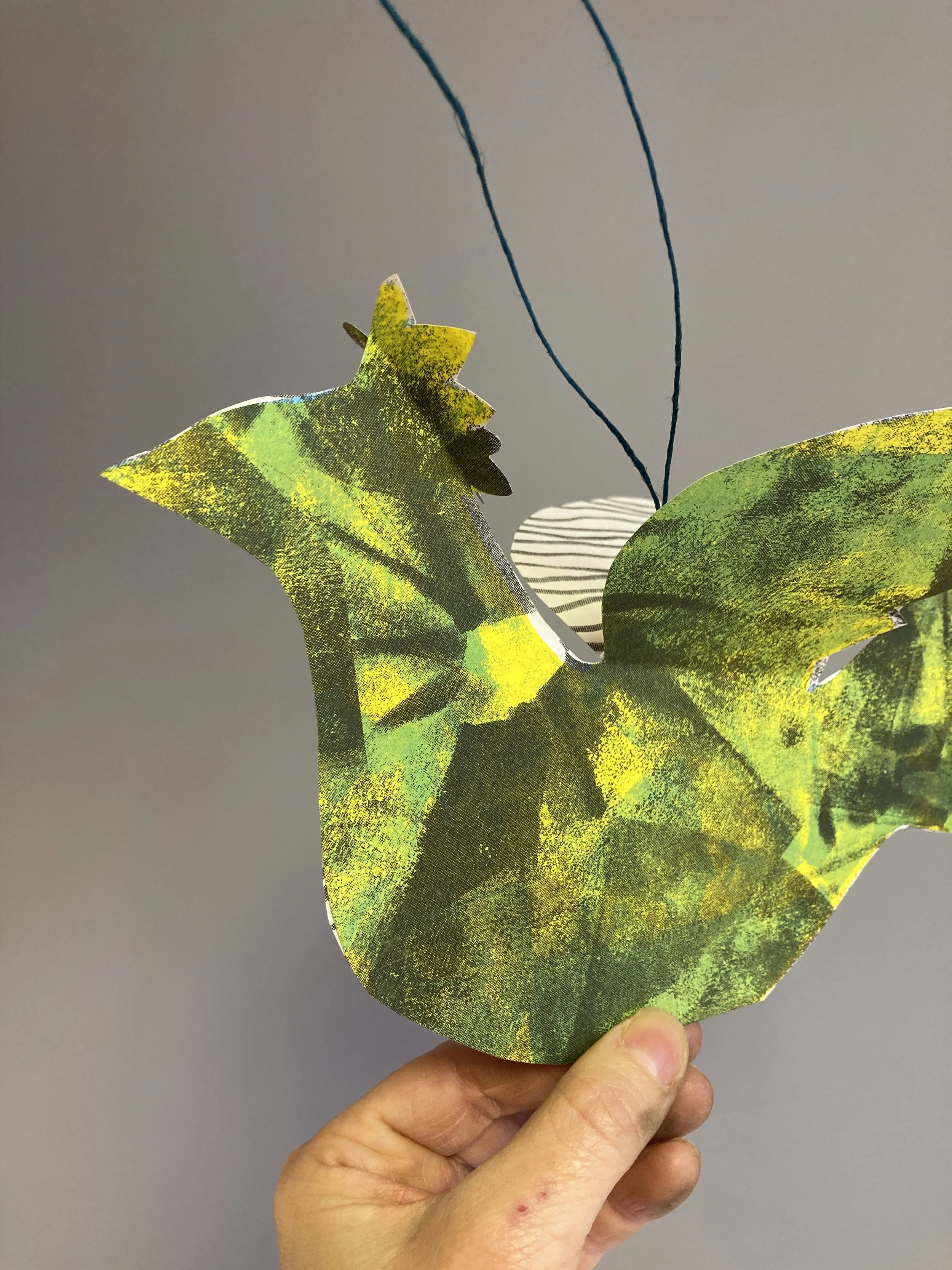 Paper Hanging Bird Kit - Riso Printed. Kit includes everything to make a 3D bird to hang up.