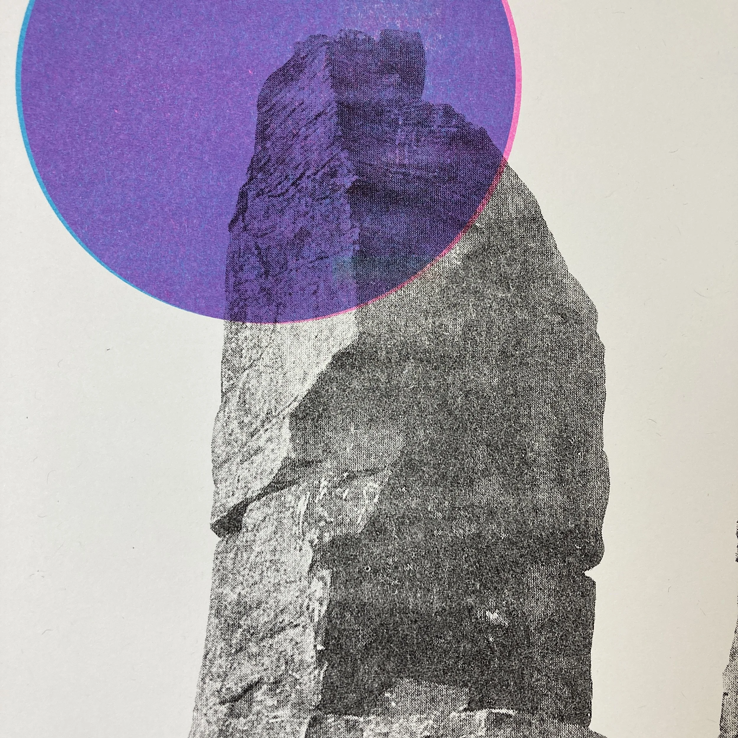 Peak District Rivelin Needle Artwork near Sheffield. A three colour riso print featuring a gritsone obelisk. Art for climbers and walkers