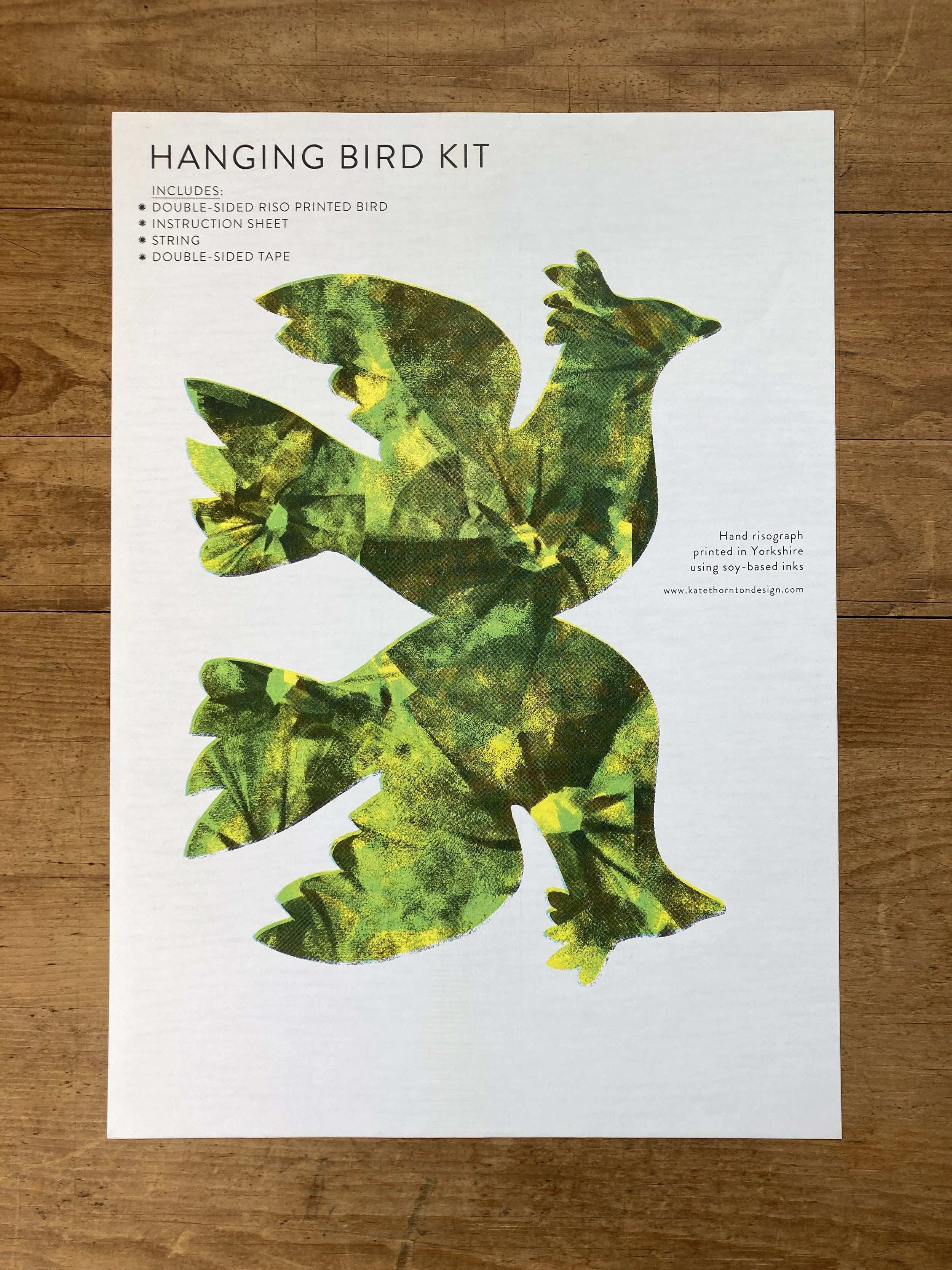Paper Hanging Bird Kit - Riso Printed. Kit includes everything to make a 3D bird to hang up.