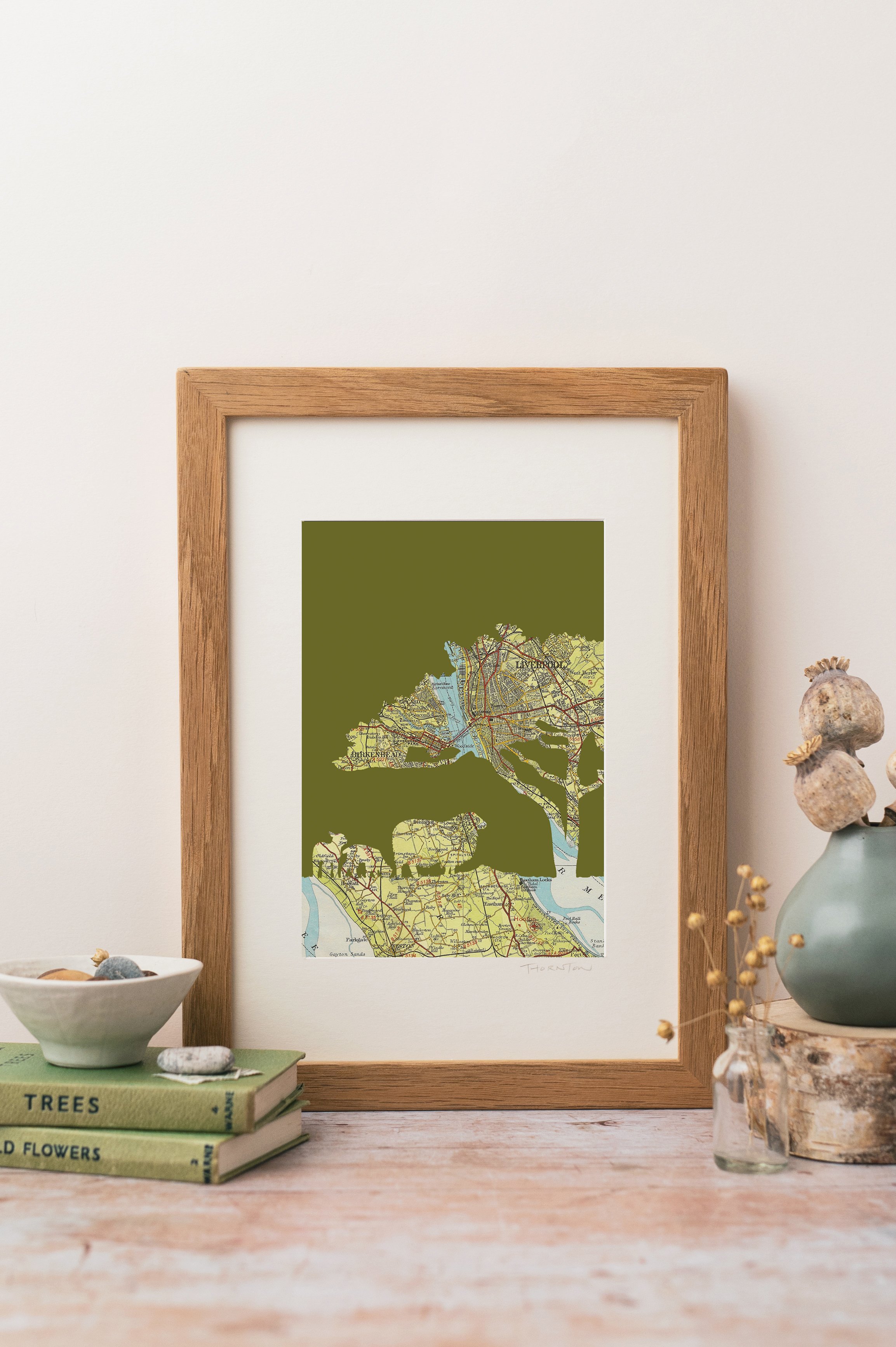 Liverpool sheep A4 map Print on moss green background