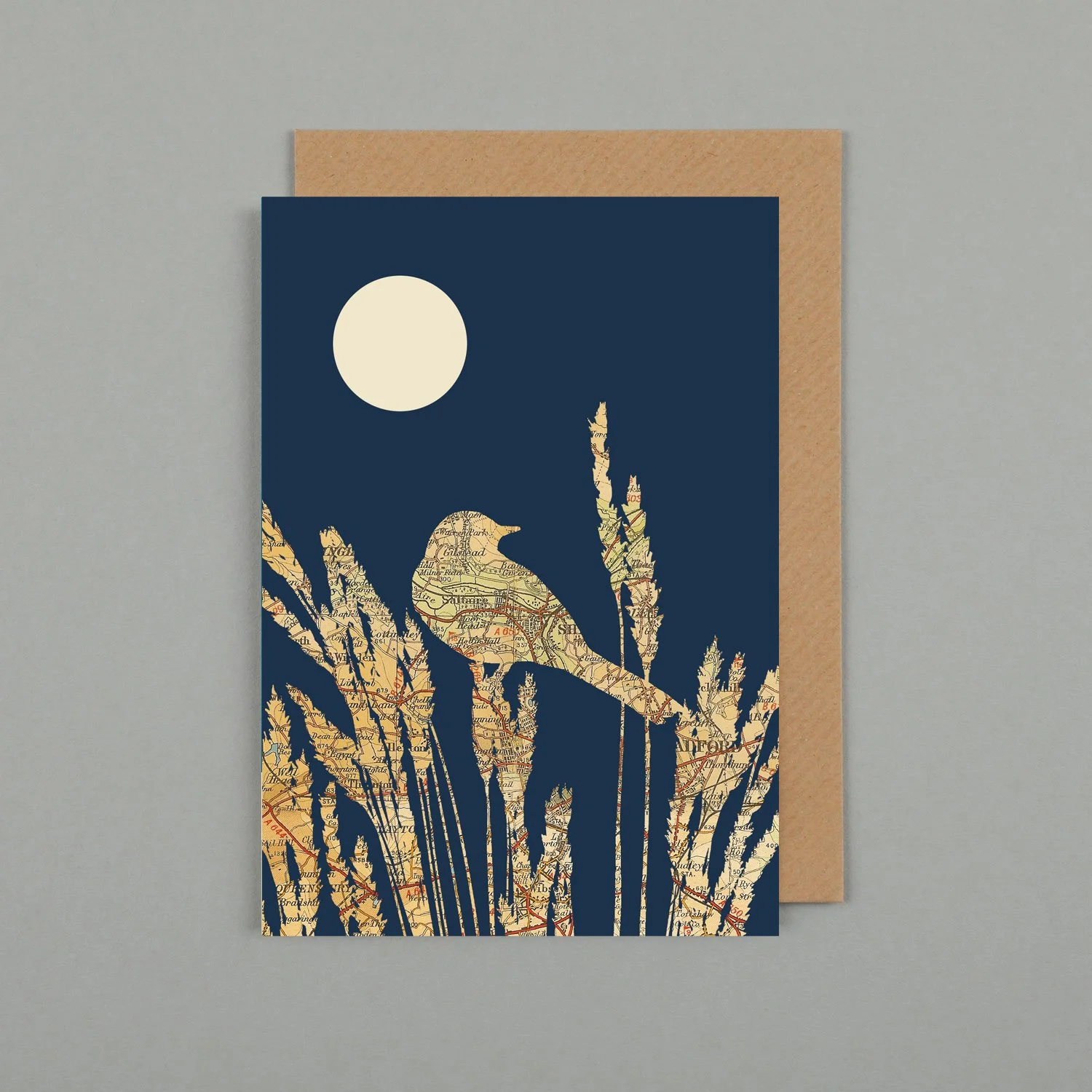 Wagtail Map Card. Nature inspired greetings card featuring old maps of Saltaire near Bradford in West Yorkshire