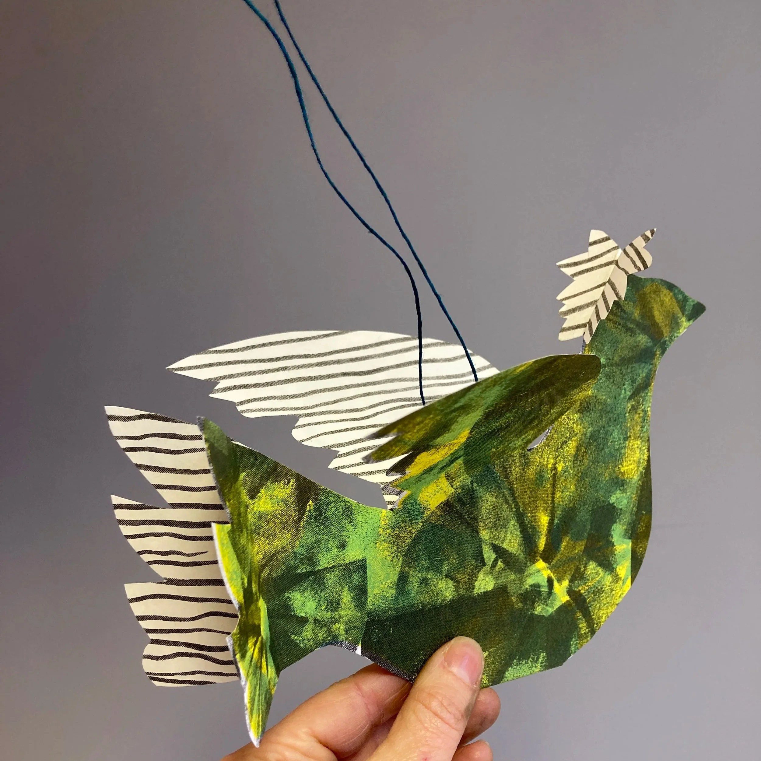 Paper Hanging Bird Kit - Riso Printed. Kit includes everything to make a 3D bird to hang up.