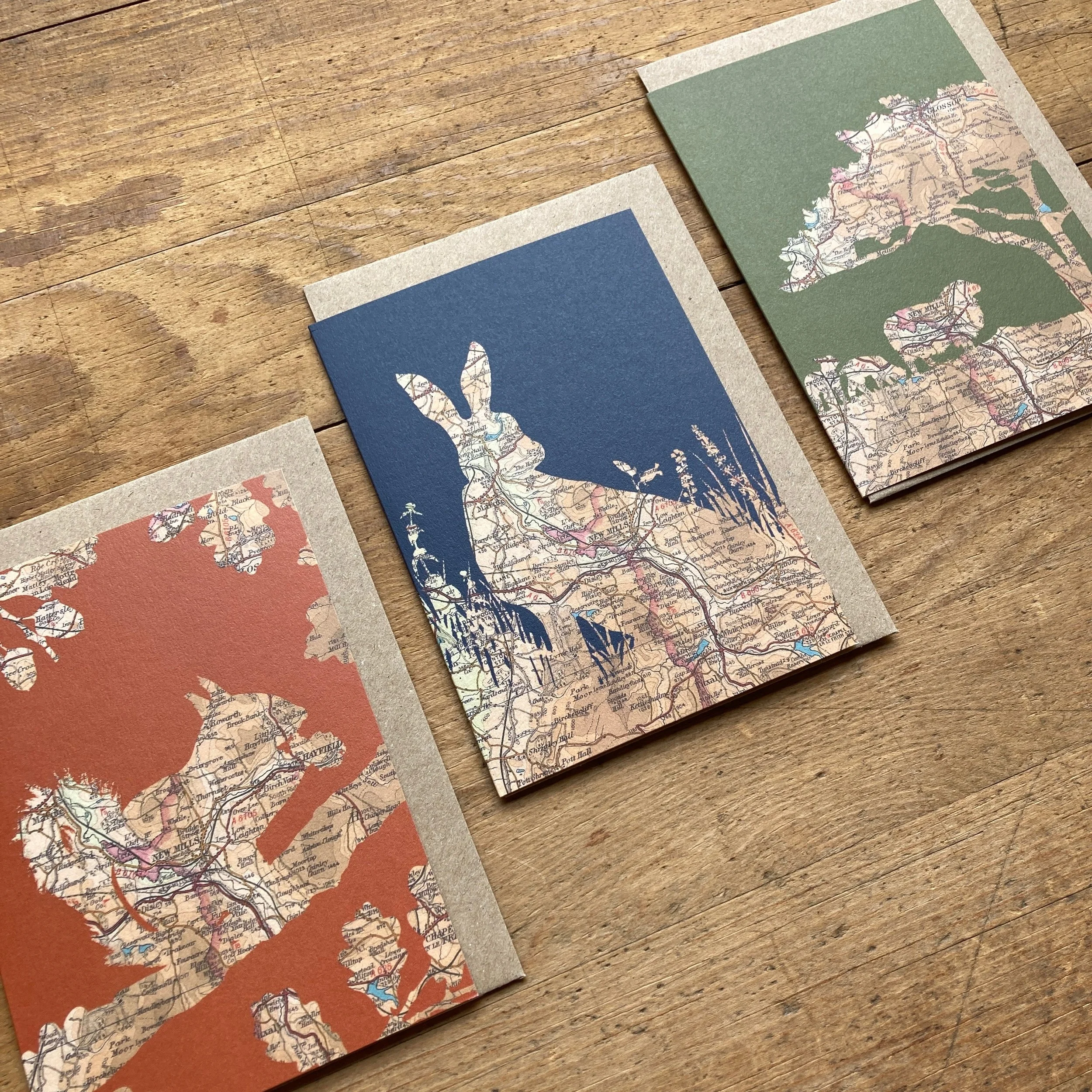 A collection of three nature inspired greetings card featuring old maps of new Mills in the High Peak of Derbyshire