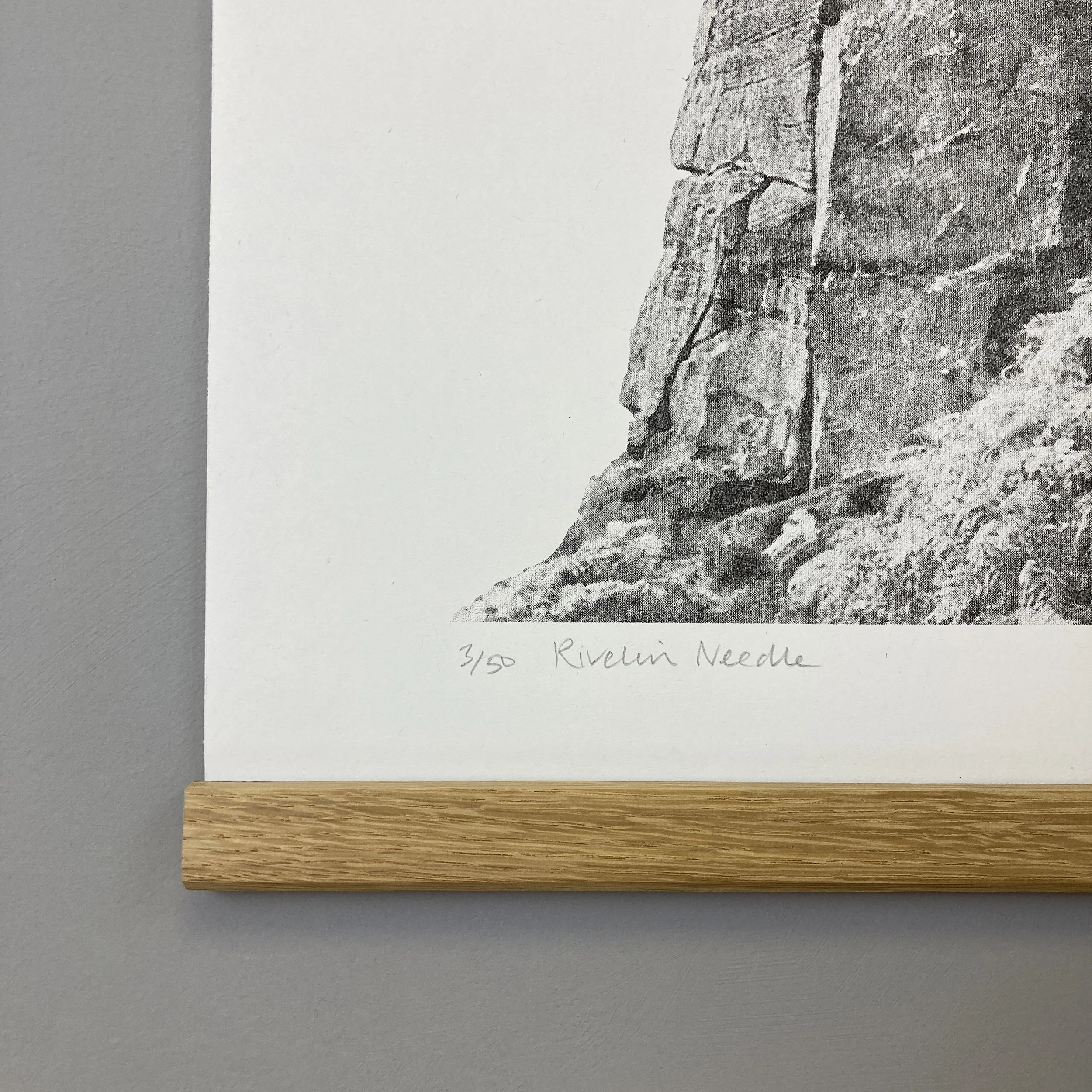 Peak District Rivelin Needle Artwork near Sheffield. A three colour riso print featuring a gritsone obelisk. Art for climbers and walkers