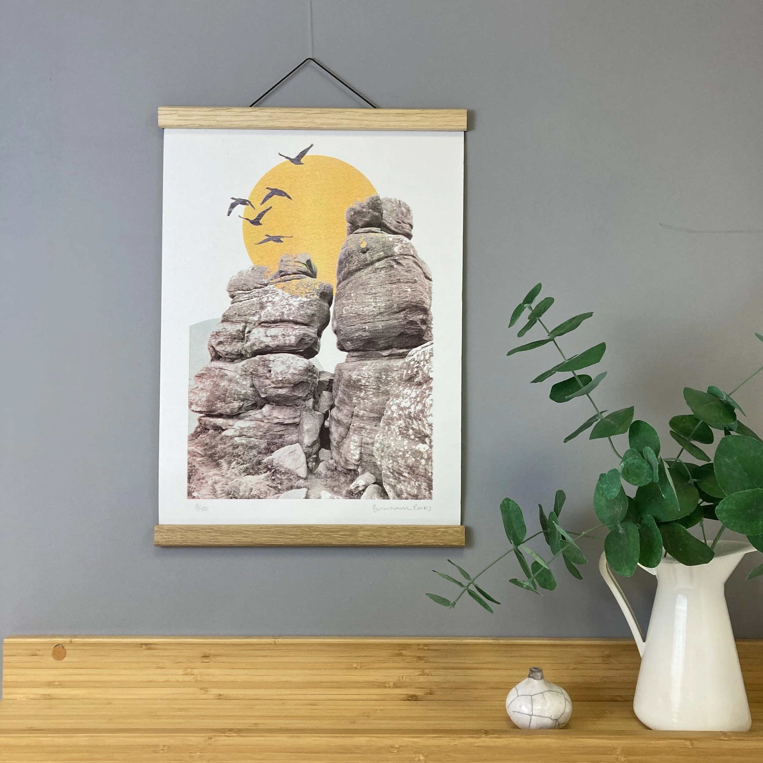 Hand printed four colour risograph of Brimham Rocks in North Yorkshire. A great gift for rock climbers and Yorkshire lovers.