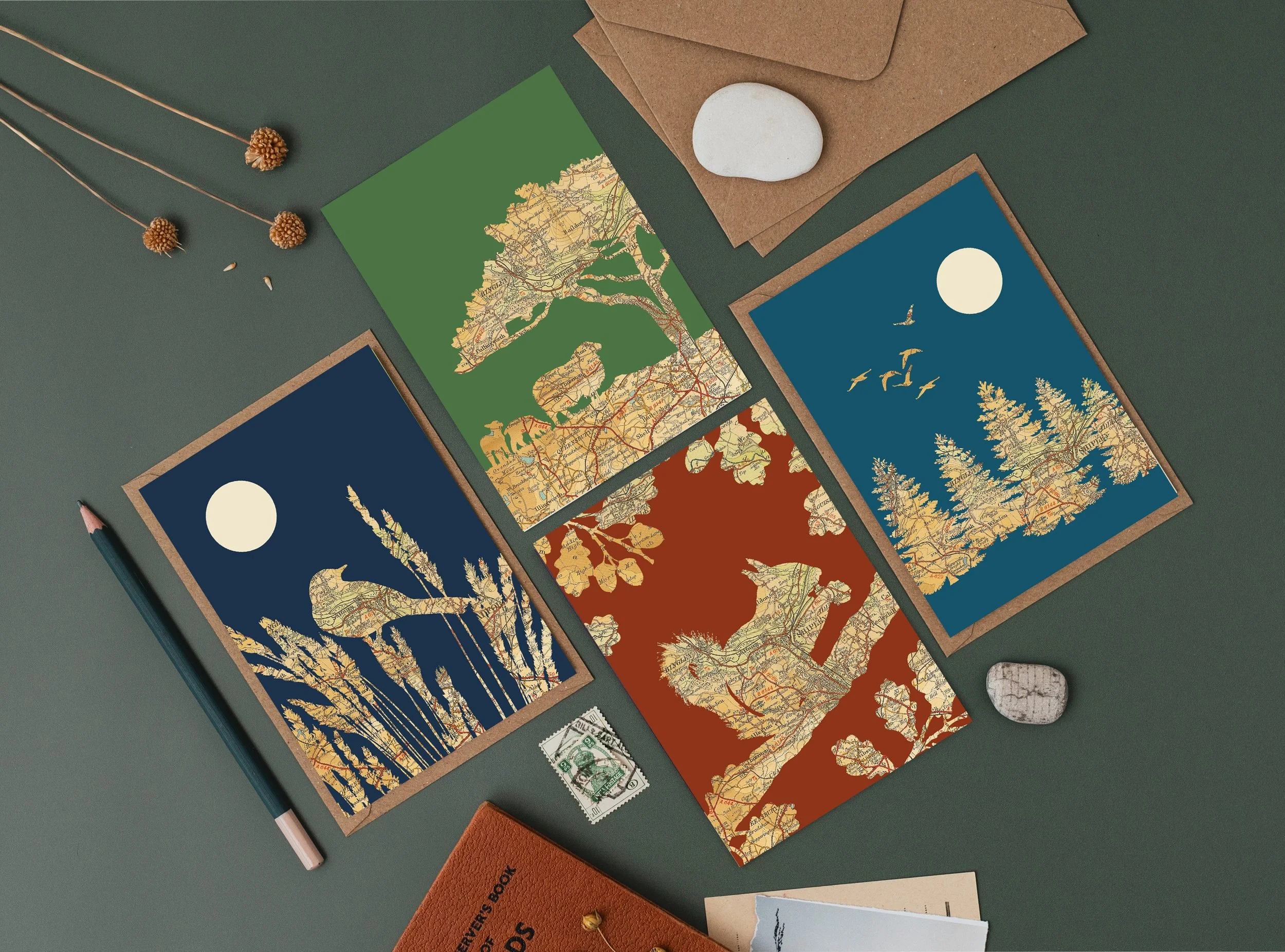 Nature inspired greetings card featuring old maps of Saltaire near Bradford in West Yorkshire