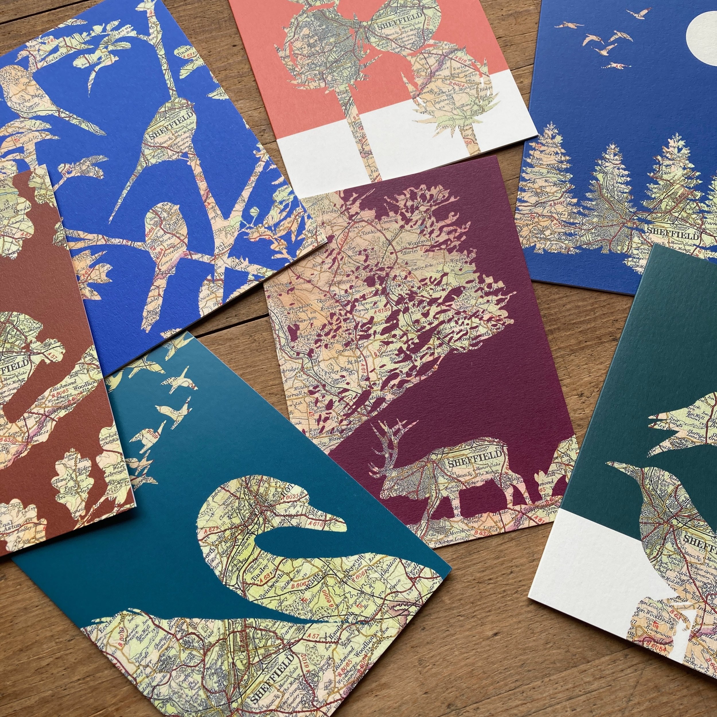 Sheffield cards featuring vintage maps of Sheffield and wildlife designs
