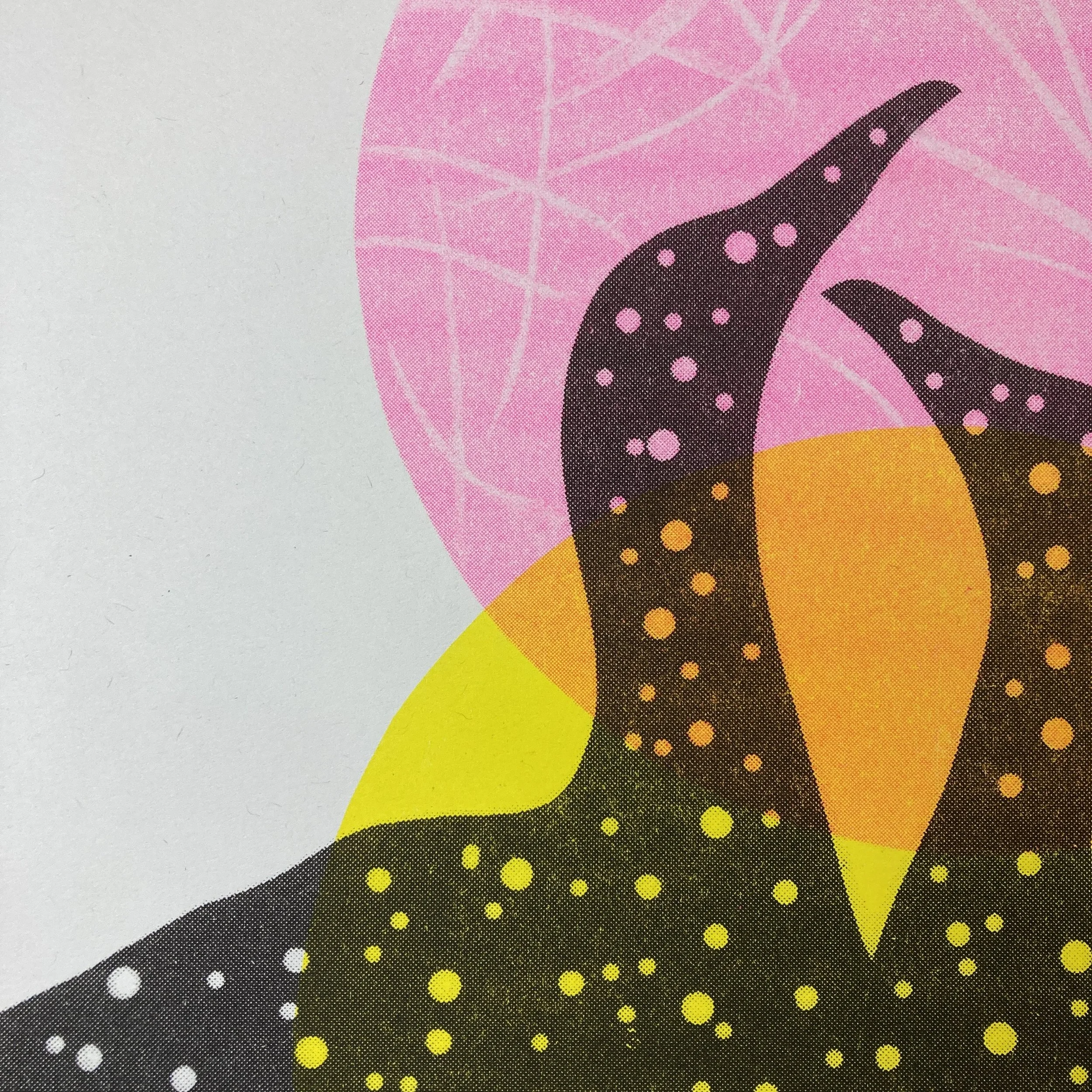 A silhouetted pair of Gannets with two pops of colour circles in the background.  This is a three-colour riso print, handmade by me at the West Yorkshire Print Workshop.