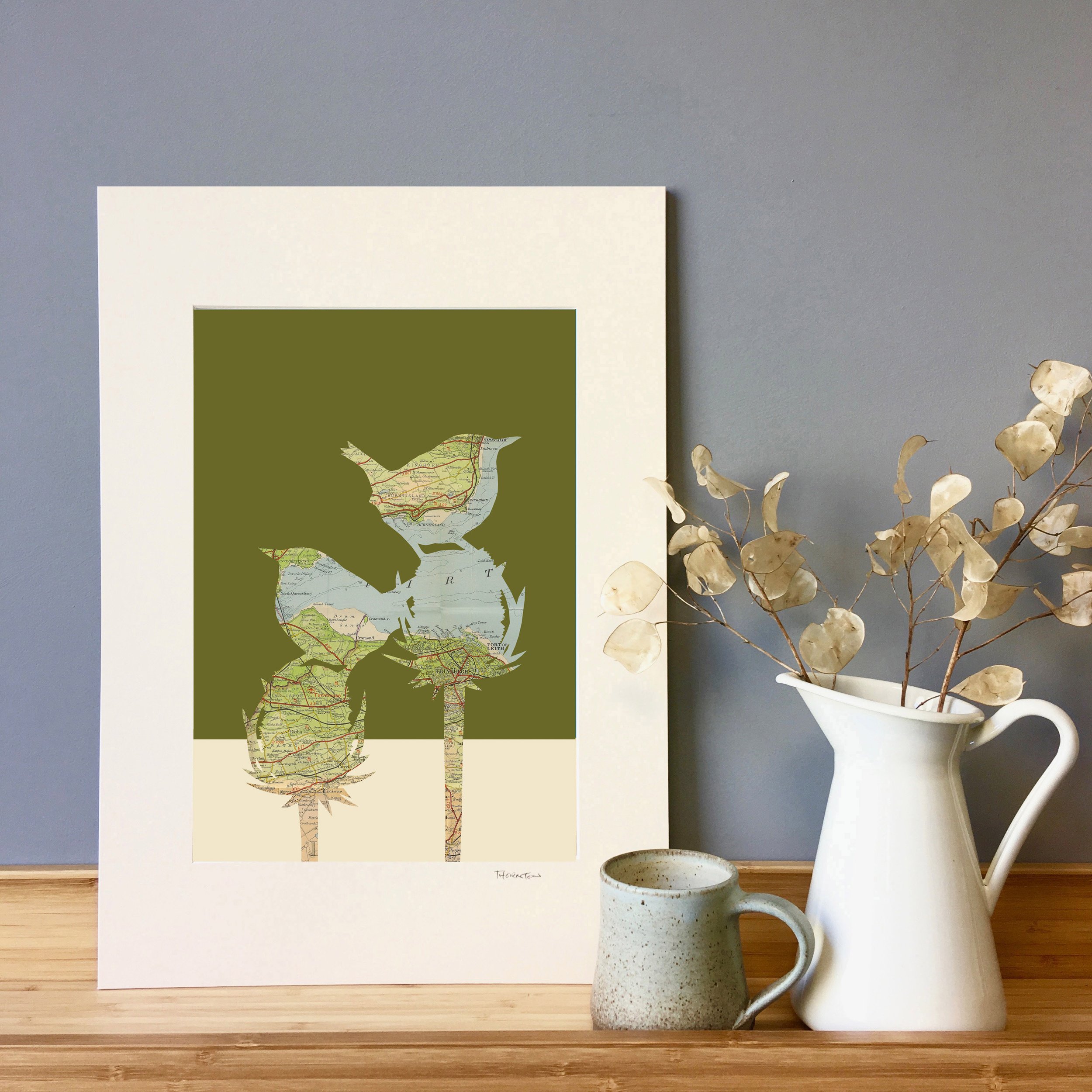 Personalised Map Print of two Wrens on top of Teasel heads with coloured background. A3 Print - Moss Green