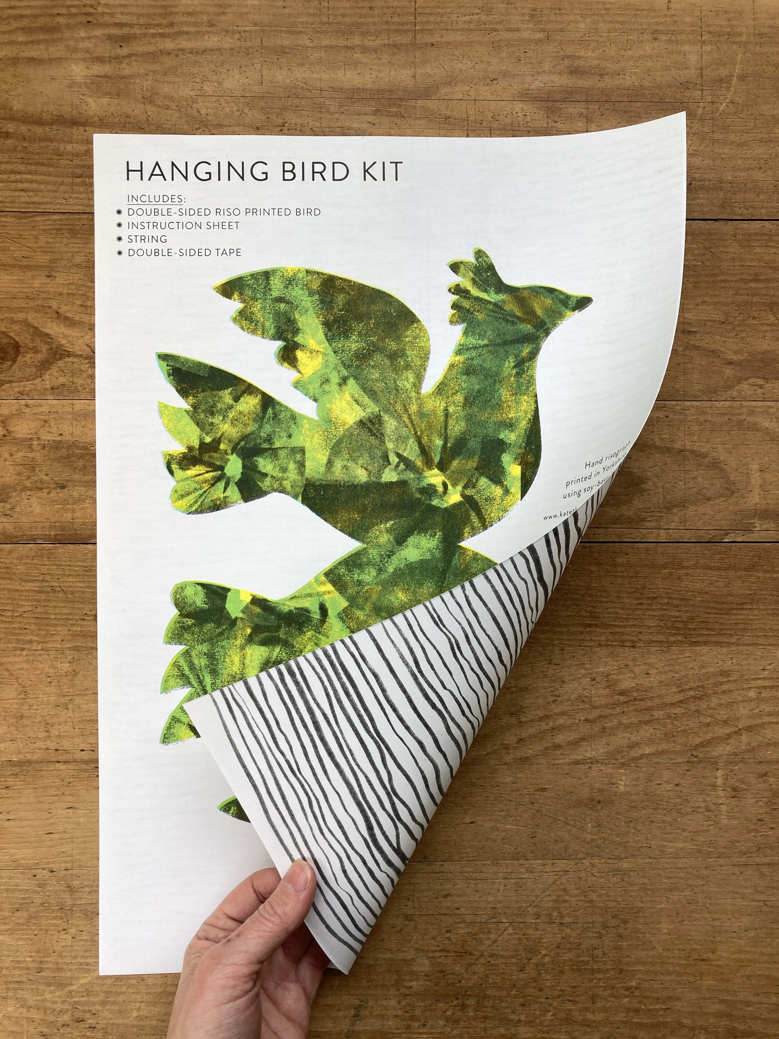 Paper Hanging Bird Kit - Riso Printed. Kit includes everything to make a 3D bird to hang up.