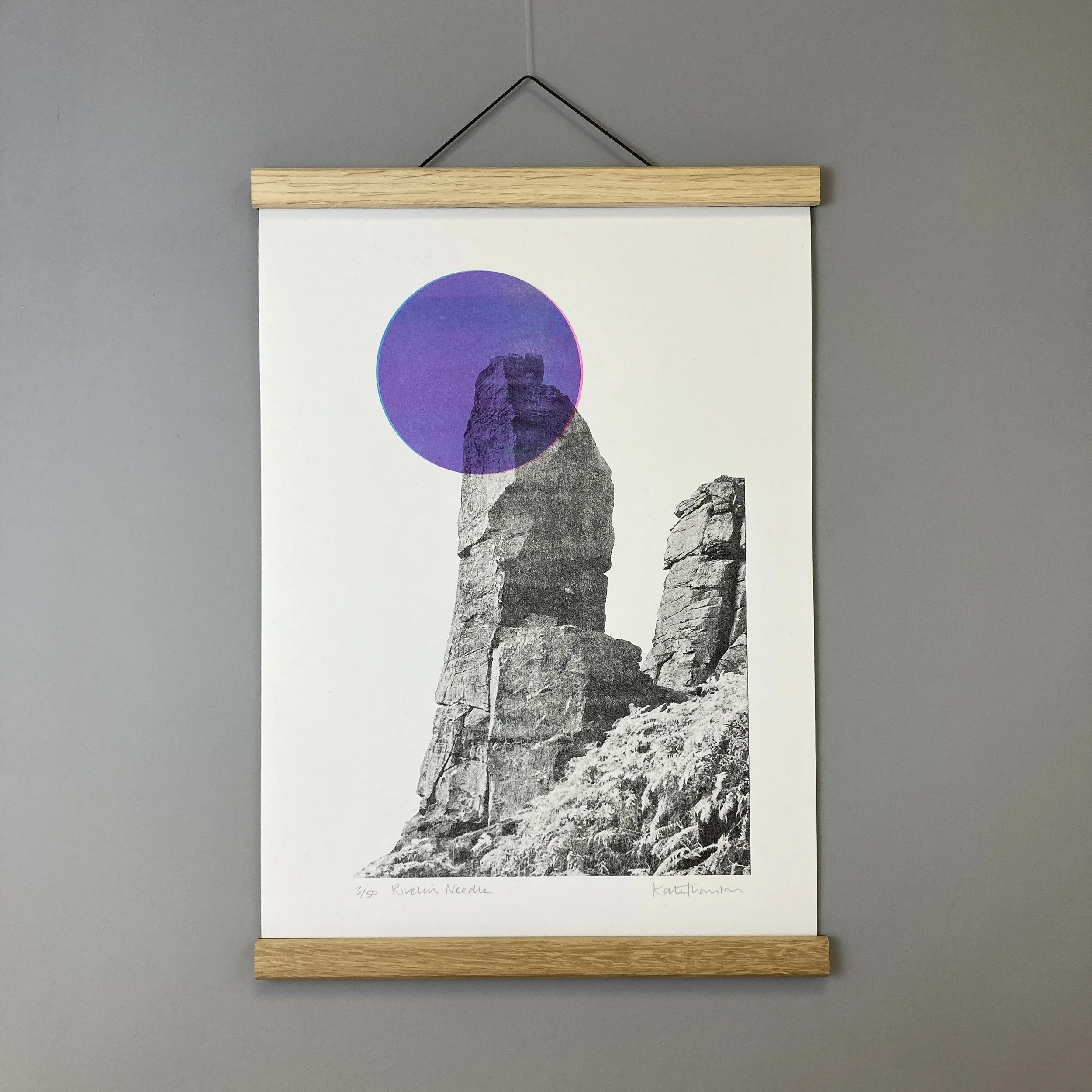 Peak District Rivelin Needle Artwork near Sheffield. A three colour riso print featuring a gritsone obelisk. Art for climbers and walkers
