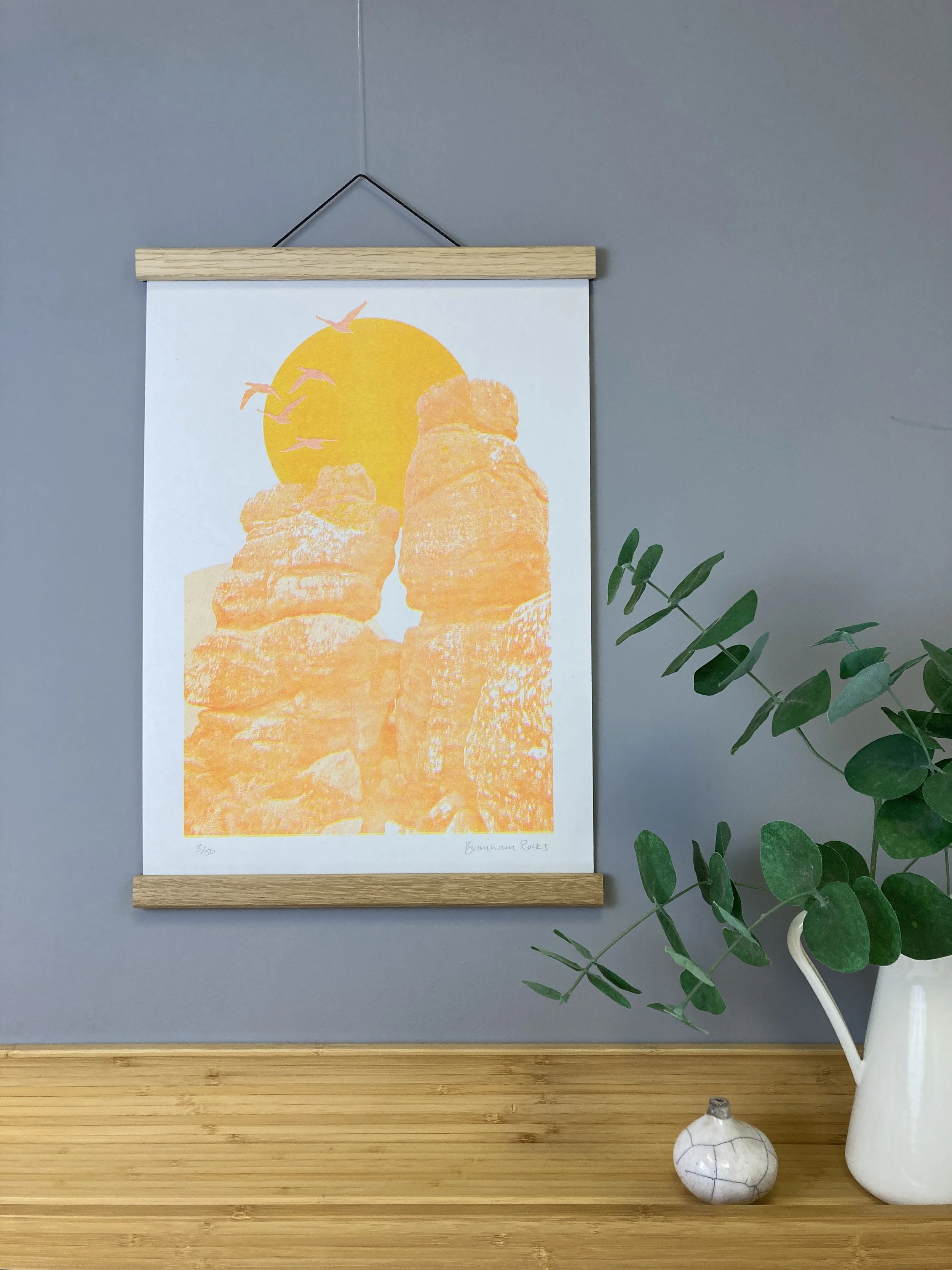 Hand printed two colour risograph of Brimham Rocks in North Yorkshire. A great gift for rock climbers and Yorkshire lovers.