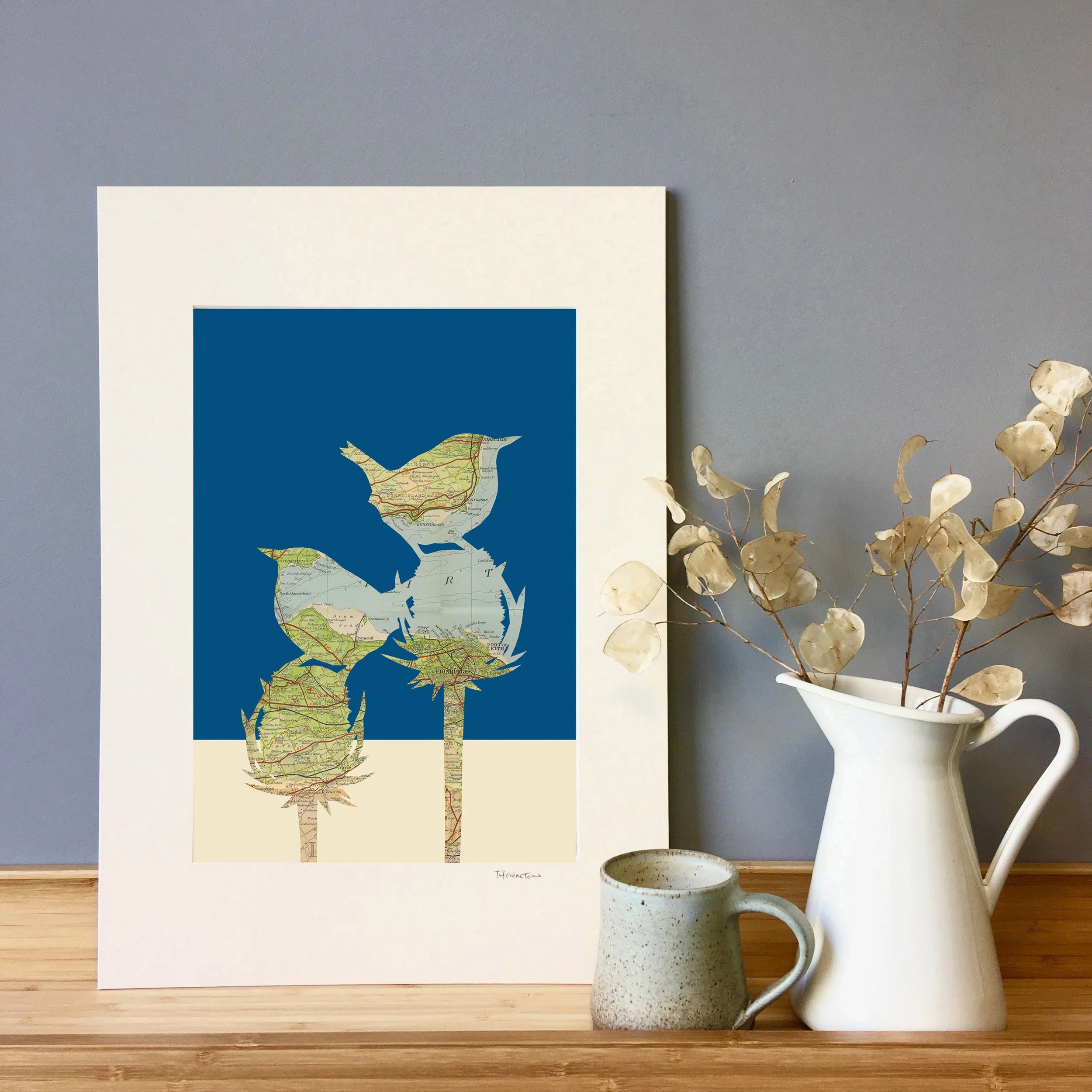 Personalised Map Print of two Wrens on top of Teasel heads with coloured background. A3 Print - Midnight Blue