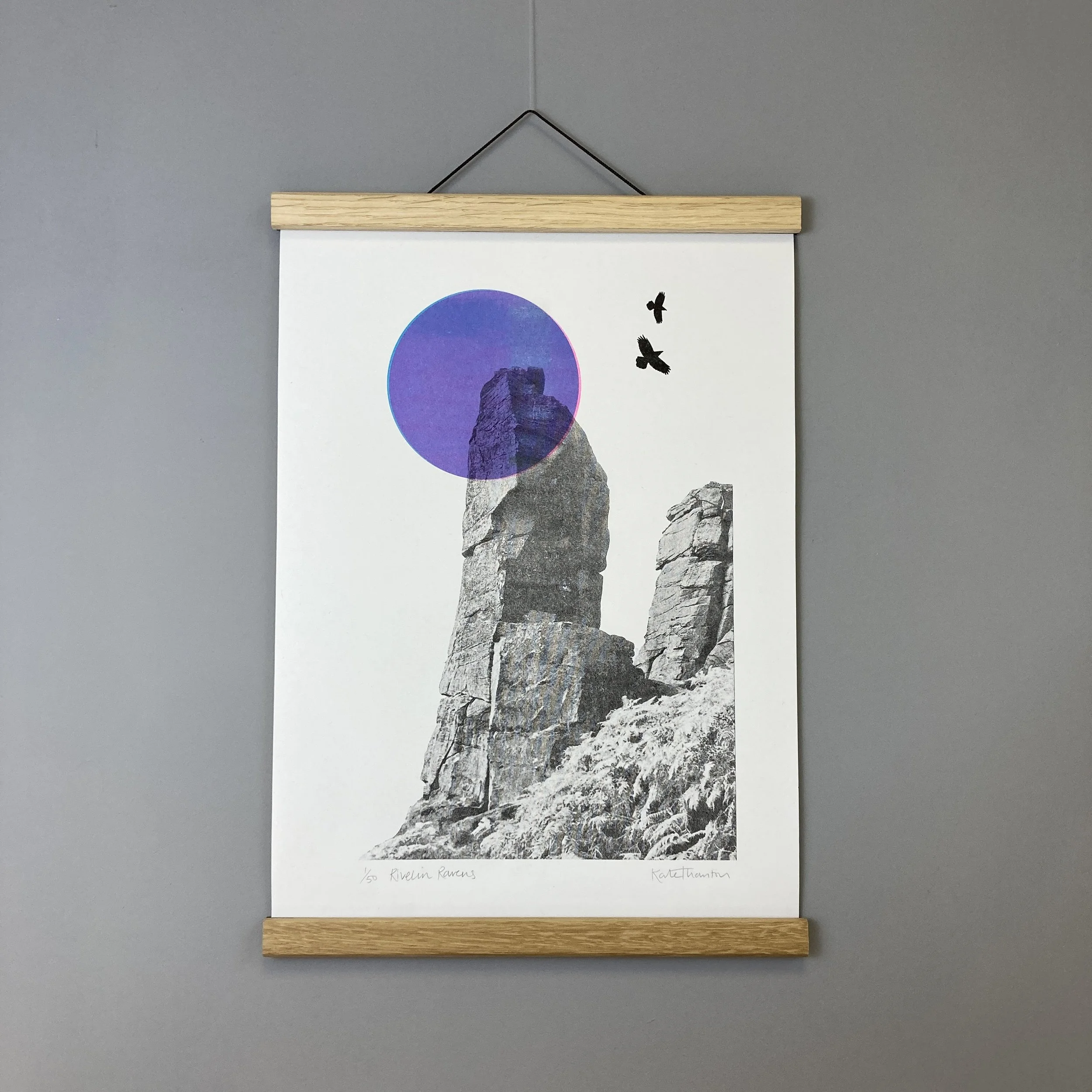 three-colour Risograph print created using soy-based inks featuring the Rivelin Needle and two Ravens near Sheffield in the Peak District.  a great gift for climbers