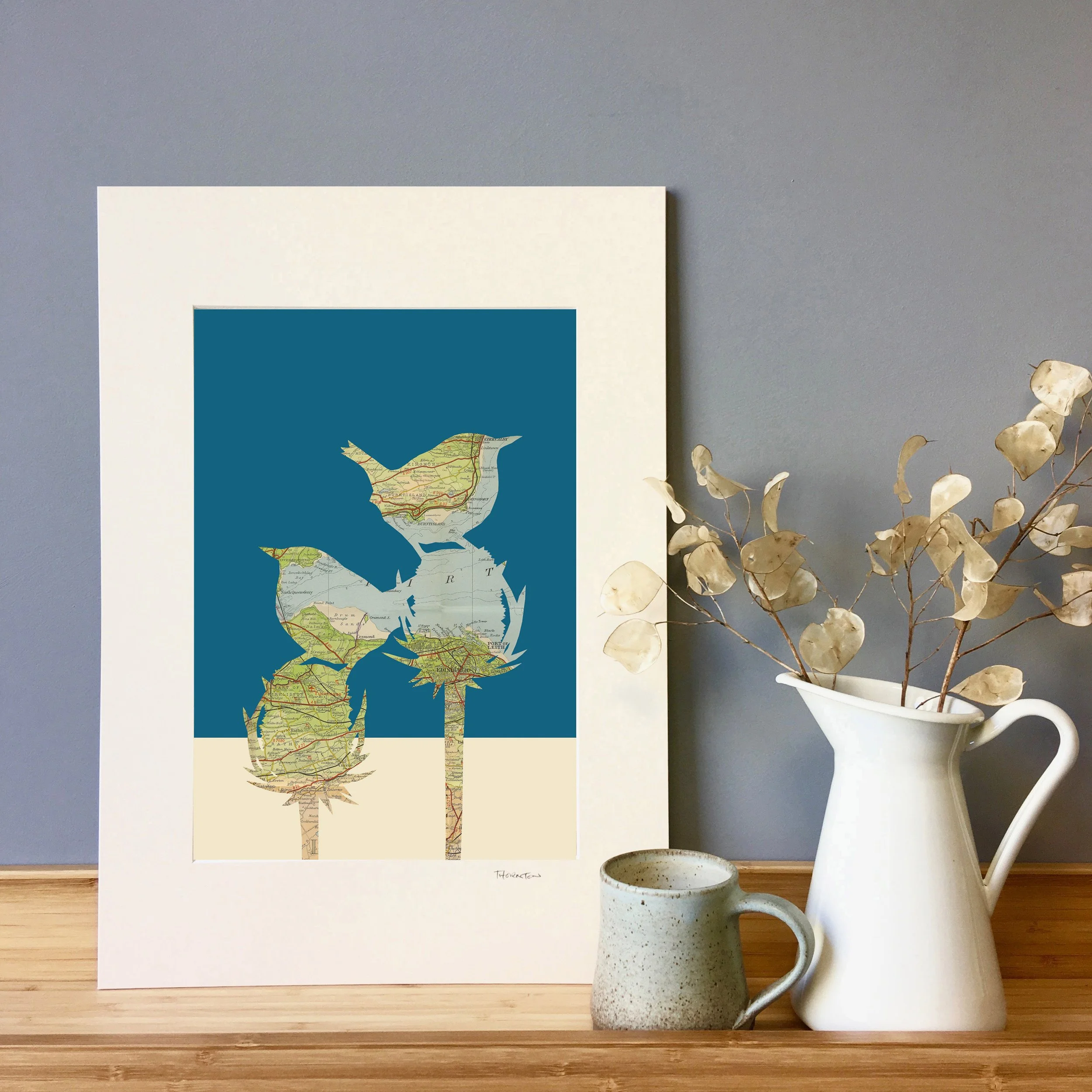 Personalised Map Print of two Wrens on top of Teasel heads with coloured background. A3 Print - Teal