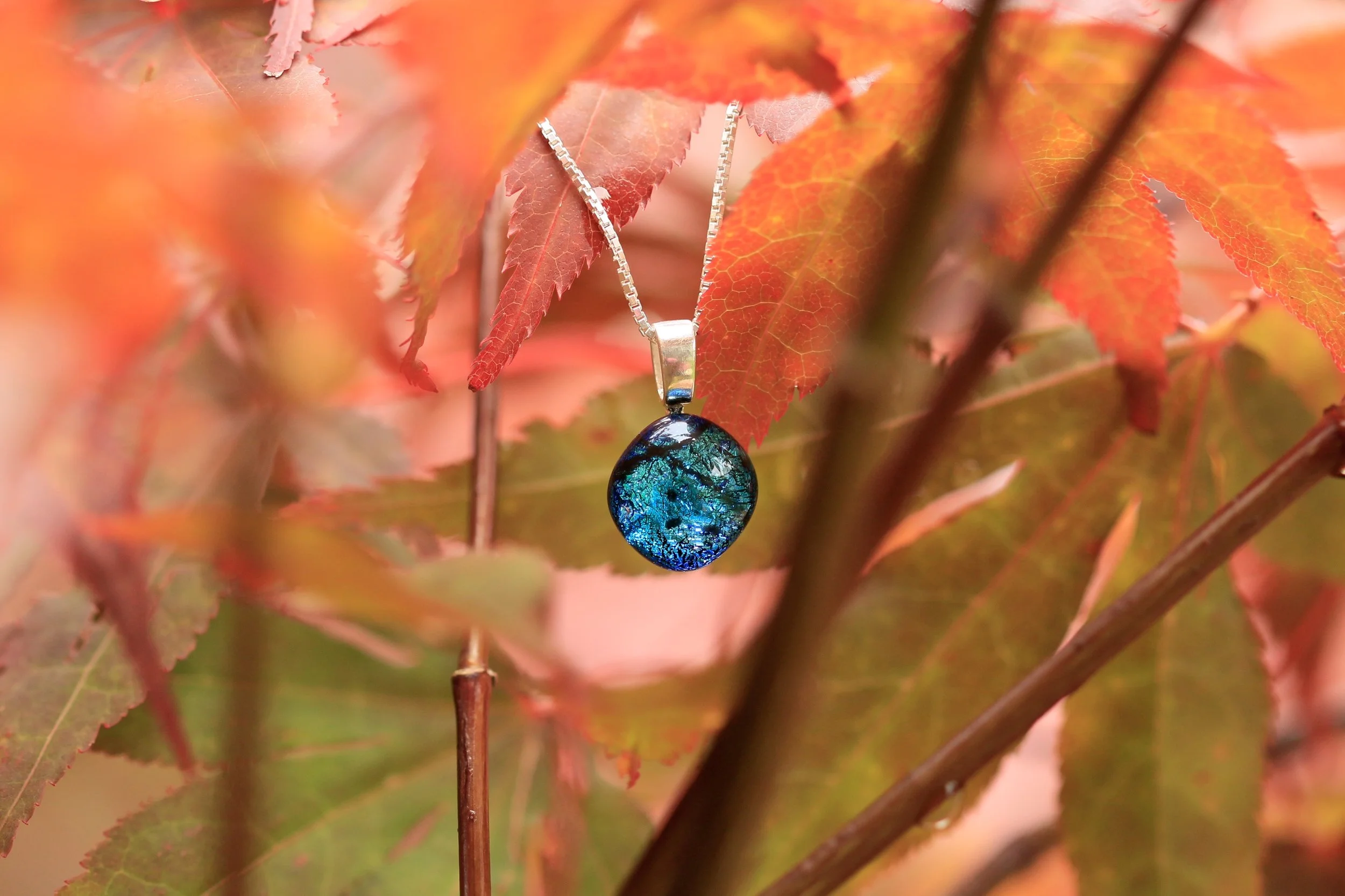 Mere Glass jewellery IDA Ice Blue dichroic glass necklace pendant on silver made Lake District