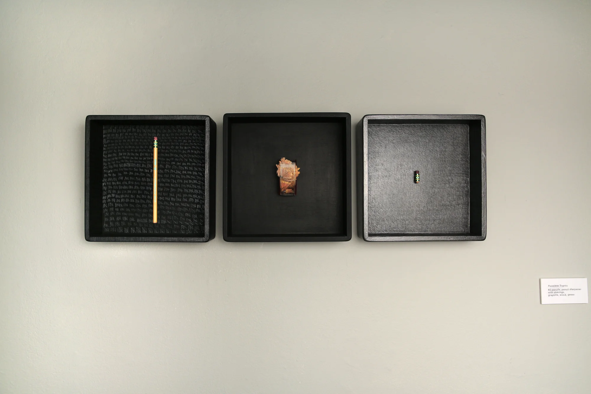 Pointless Tryptic #2 pencils, graphite, pencil sharpener with shavings, wood, gesso.