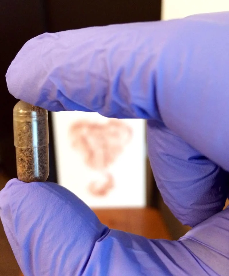 A placenta filled capsule with beautiful print in background.