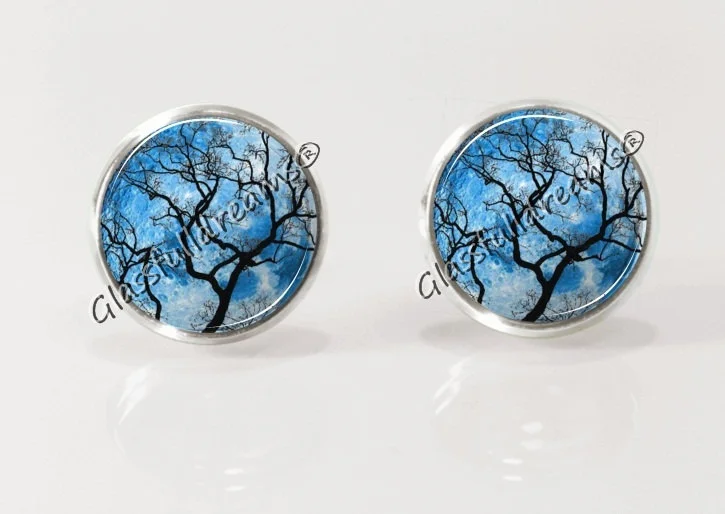 Blue Full Moon Stud Earrings| Clear Night Tree of Life Earrings| Moon Jewelry| Tiny Full Moon Studs| Space Jewelry| Boho Bohemian Teen| Picture Earrings| Galaxy Space Photo Earrings| Universe Earrings
