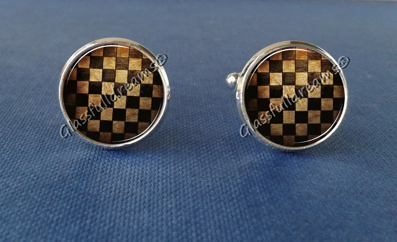 Chess Board Cufflinks| Geometric Cufflinks| Chess Lovers Gift| Glass Picture Cufflinks| Minimalistic Pattern Design| Man gift| Wooden Geekery Gift| Sport Lovers