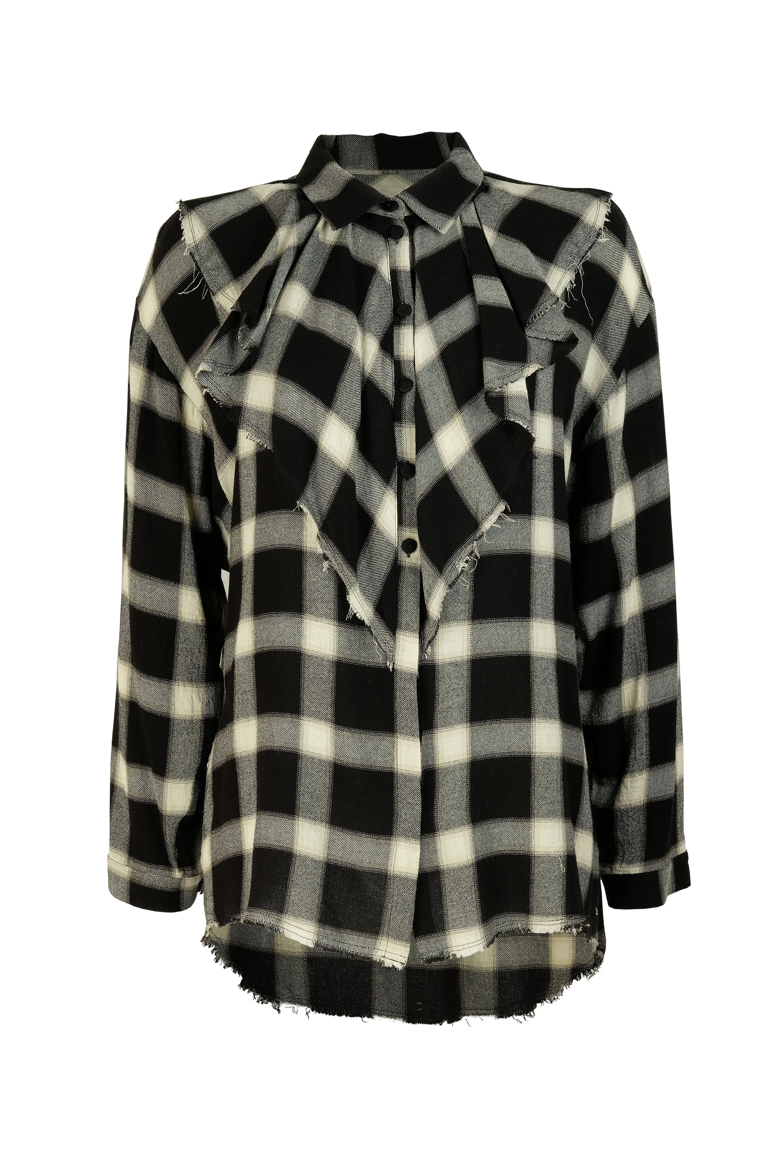 Camicia con volant in garza misto viscosa e lana vergine a quadri bianca e nera