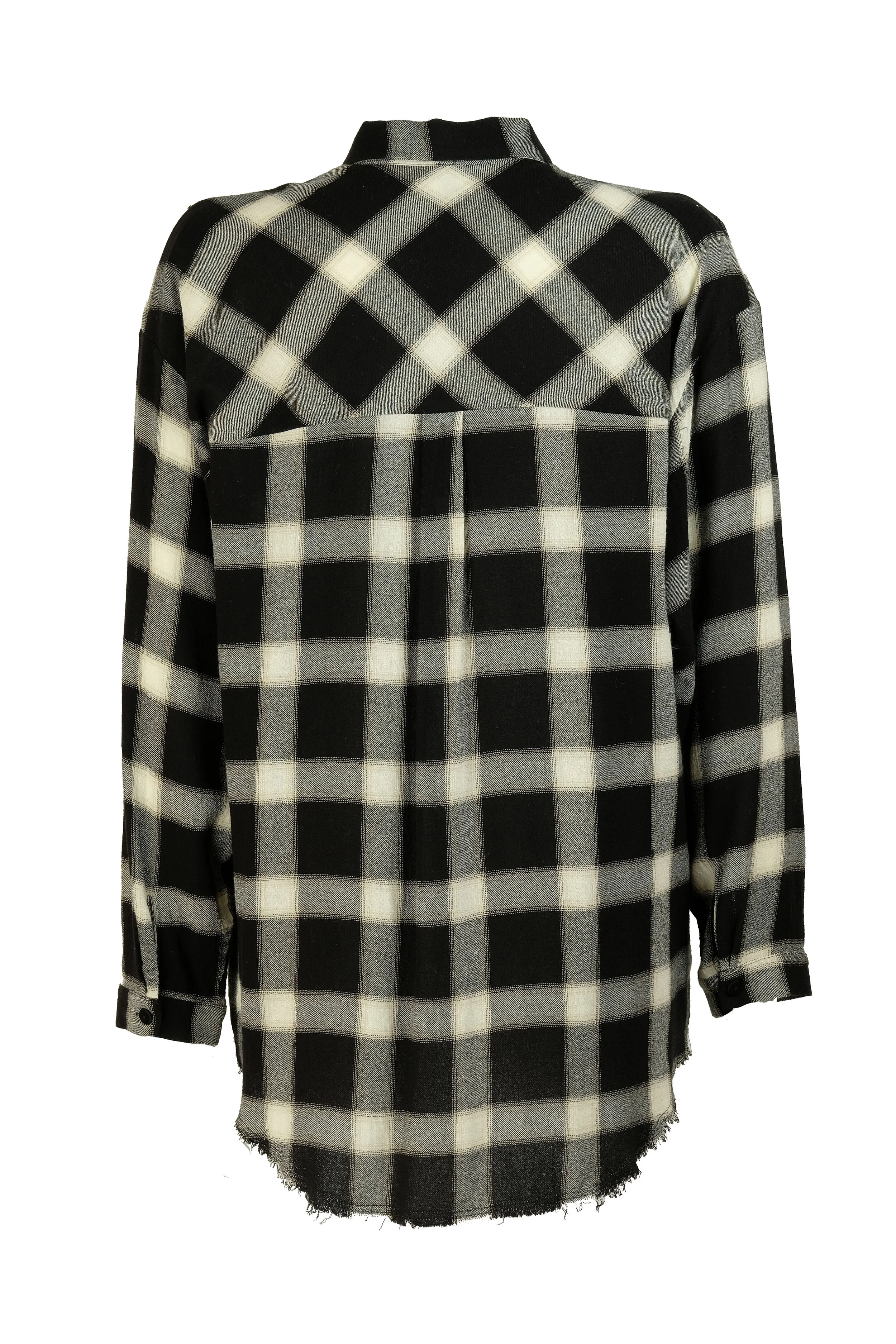 Camicia con volant in garza misto viscosa e lana vergine a quadri bianca e nera