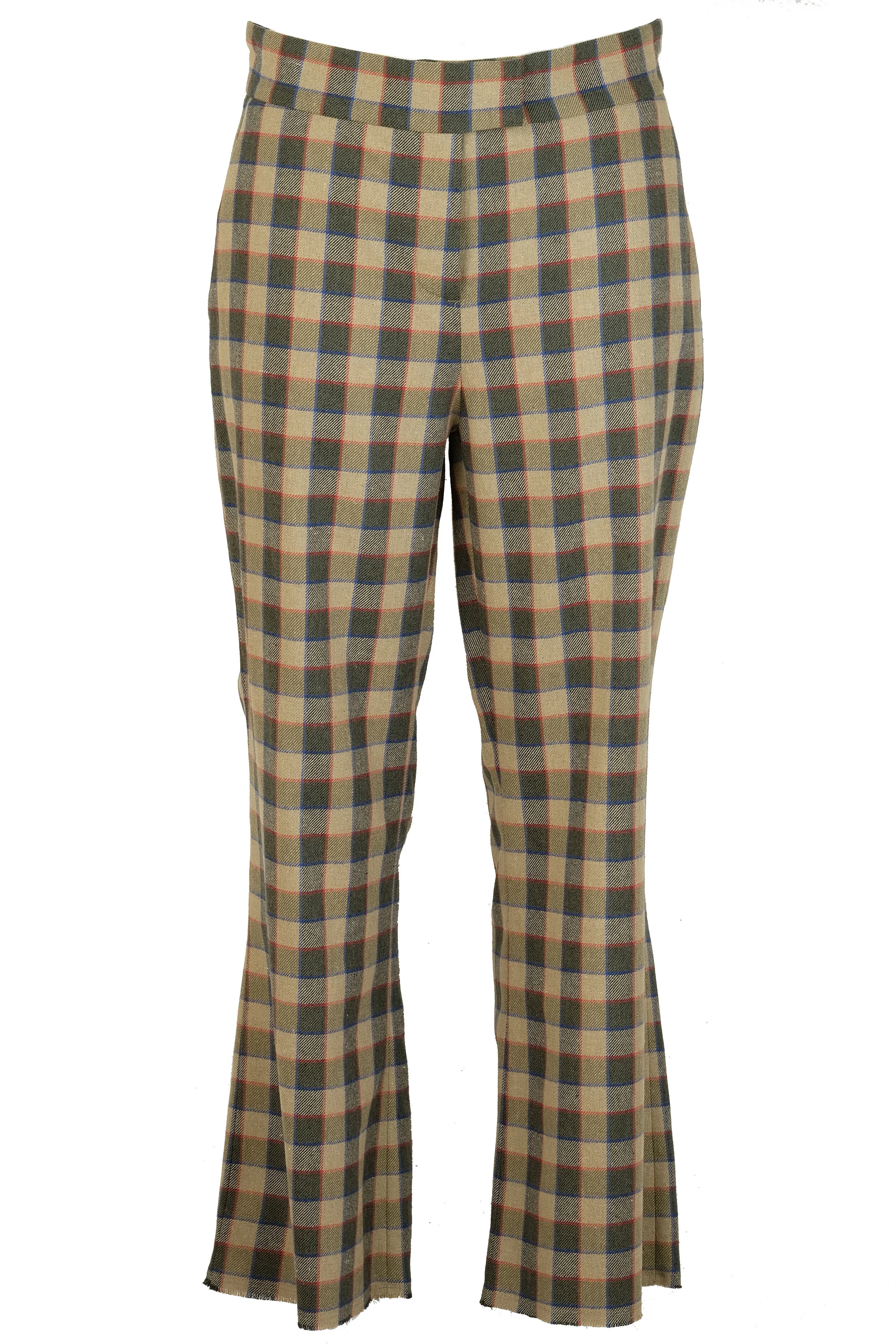 Pantalone a trombetta in flanella misto cotone e lana a quadri beige e blu