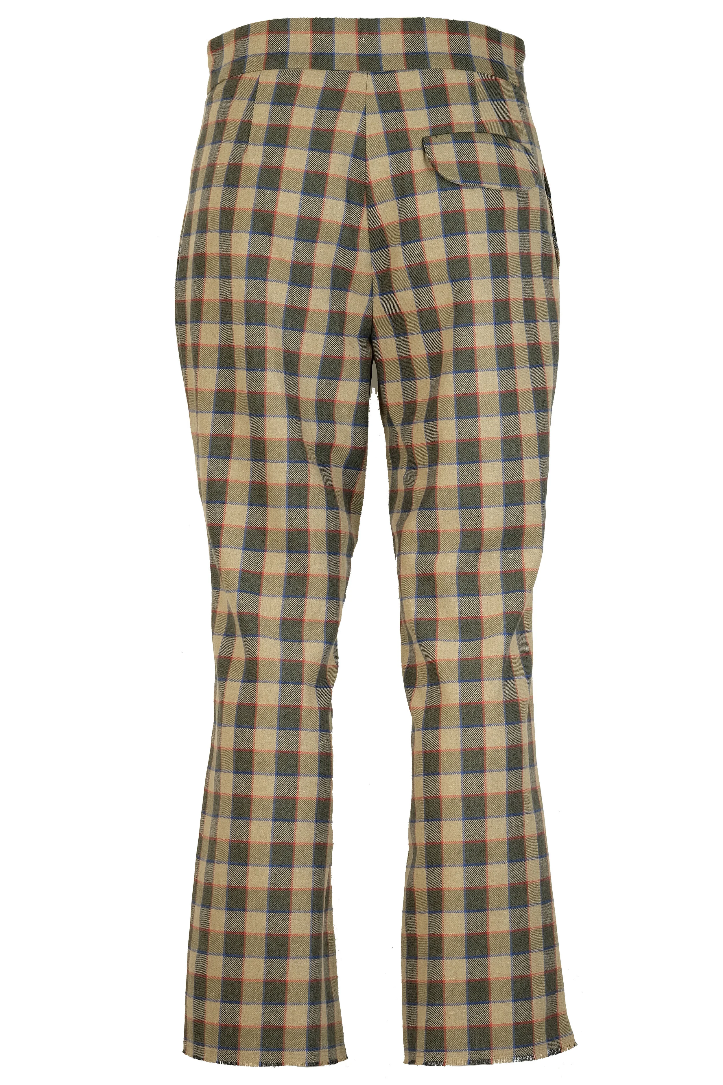 Pantalone a trombetta in flanella misto cotone e lana a quadri beige e blu