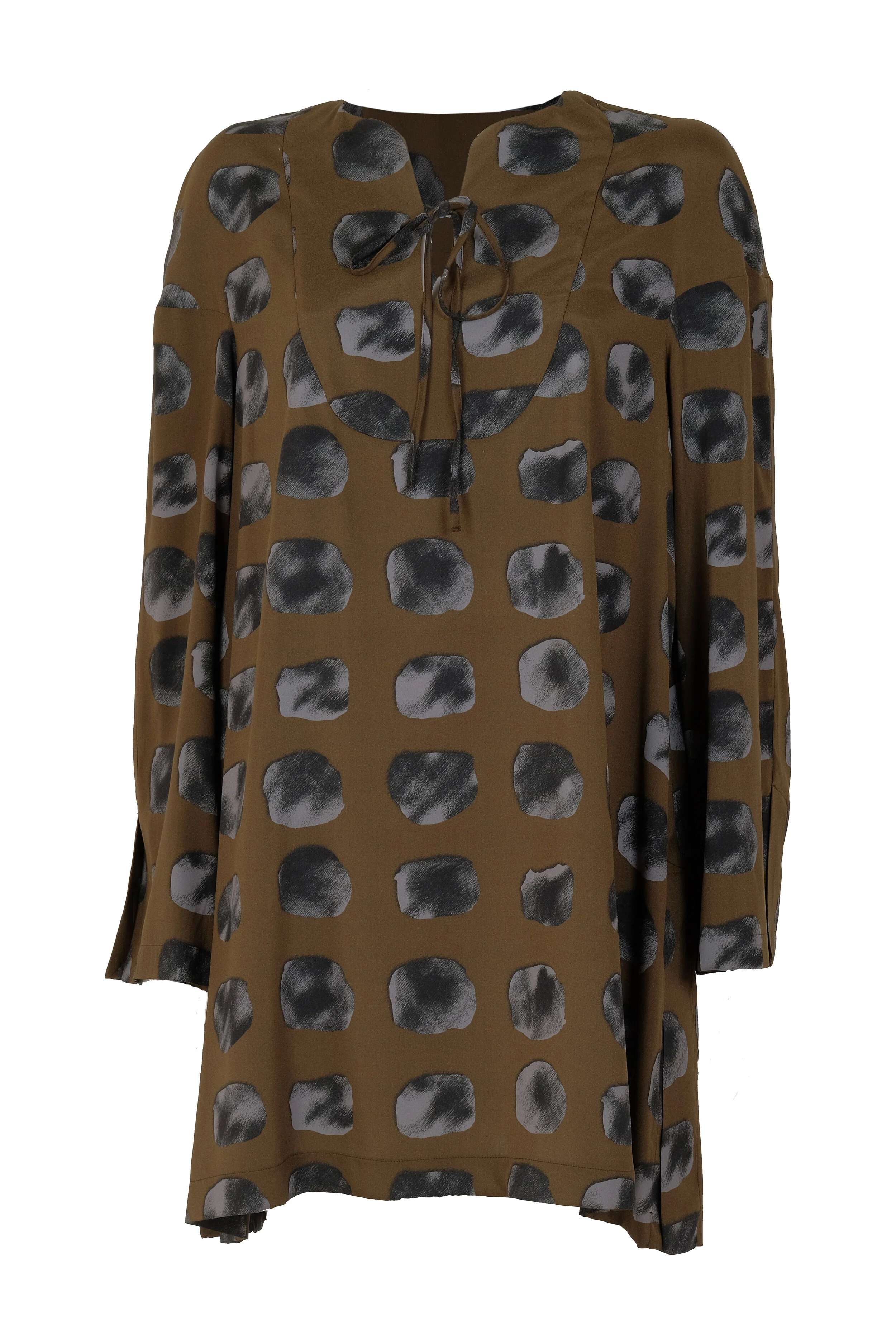 Tunica marrone morbida in crèpe di seta stretch con stampa a pois color antracite