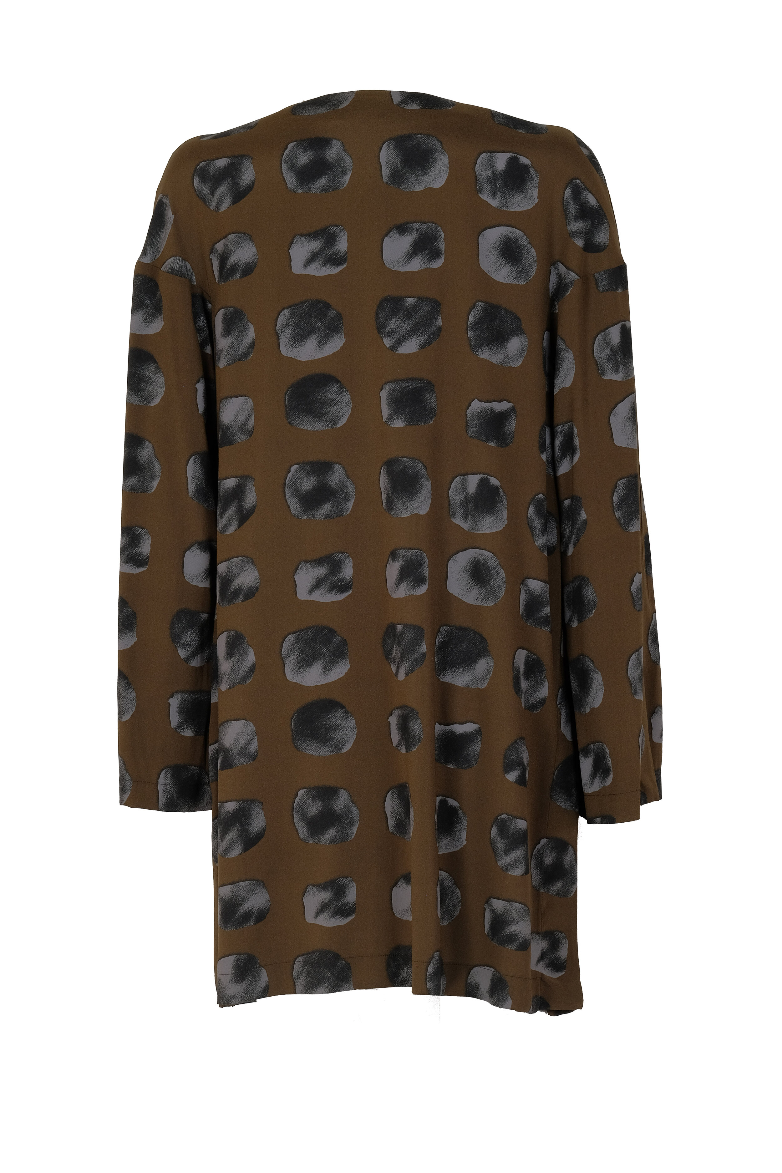 Tunica marrone morbida in crèpe di seta stretch con stampa a pois color antracite