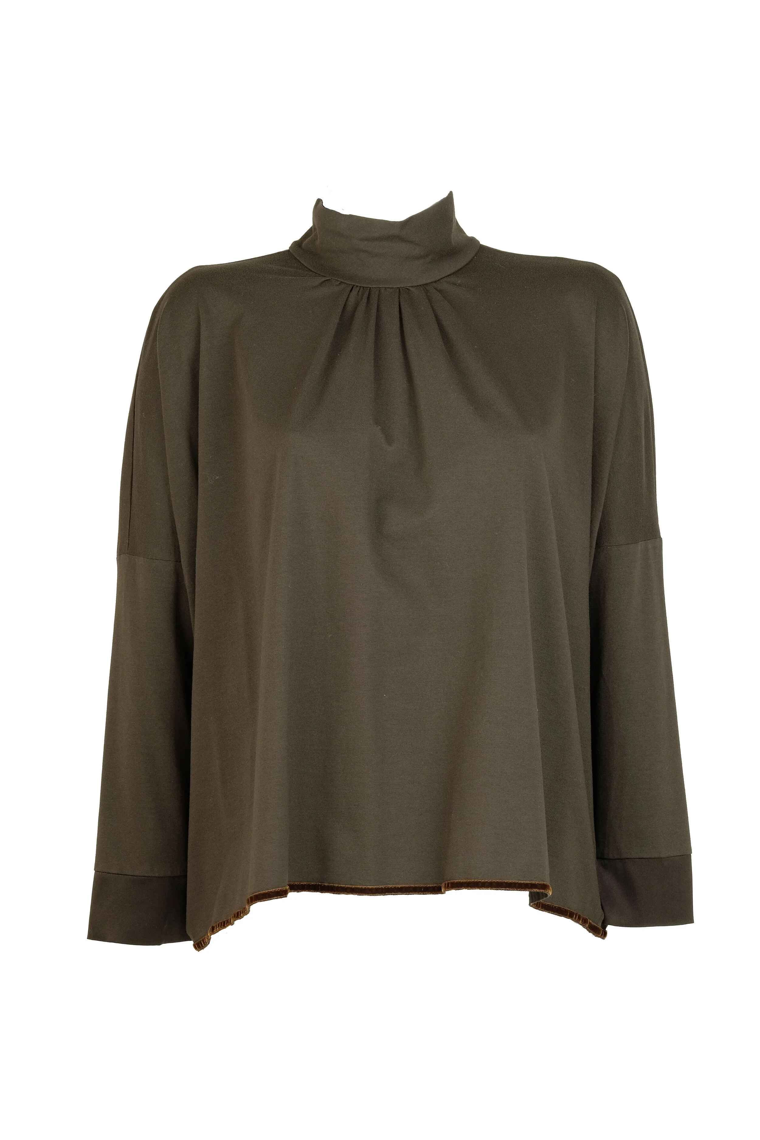 Blusa morbida in jersey di cotone e modal stretch con inserti in raso di seta stretch marrone