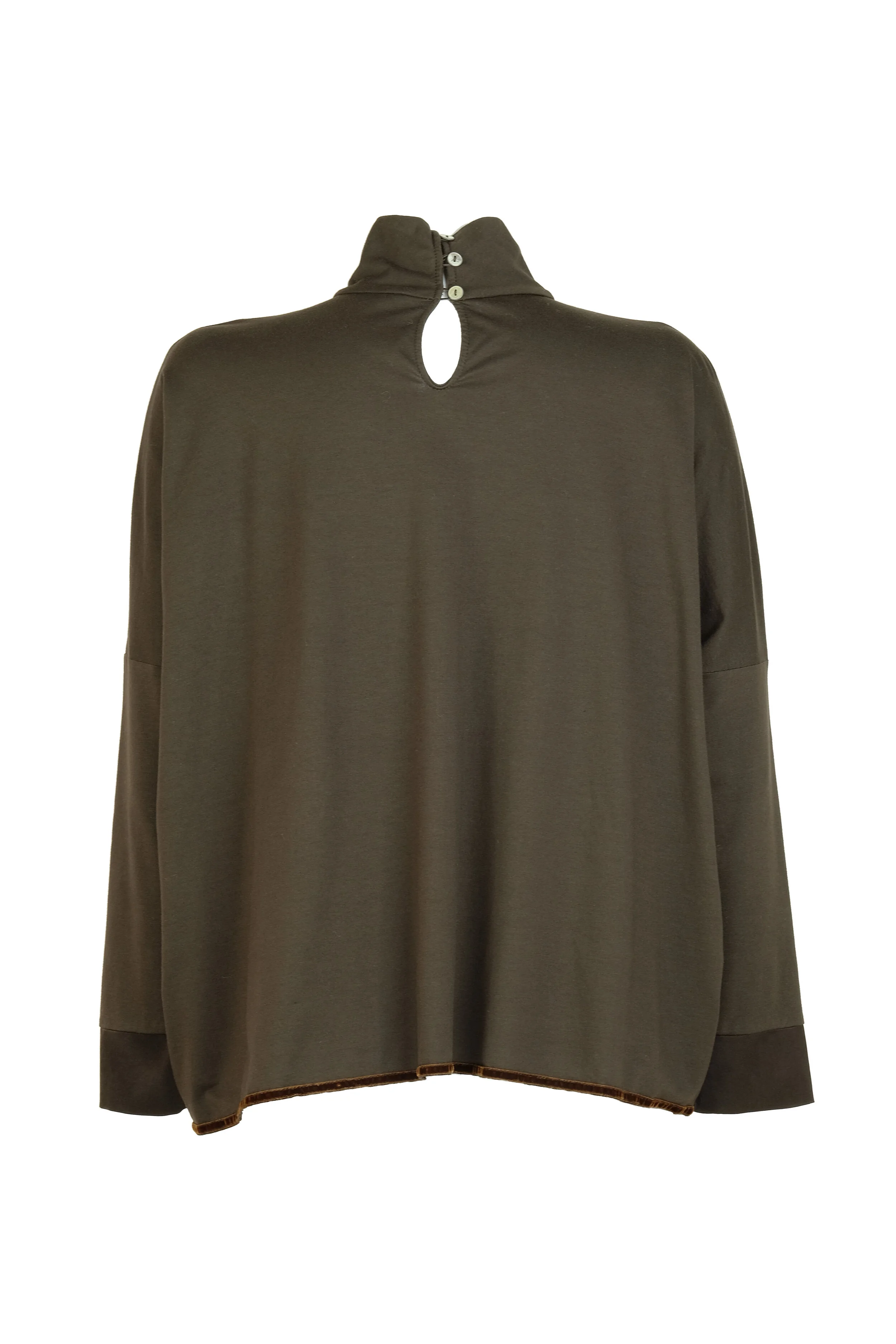 Blusa morbida in jersey di cotone e modal stretch con inserti in raso di seta stretch marrone