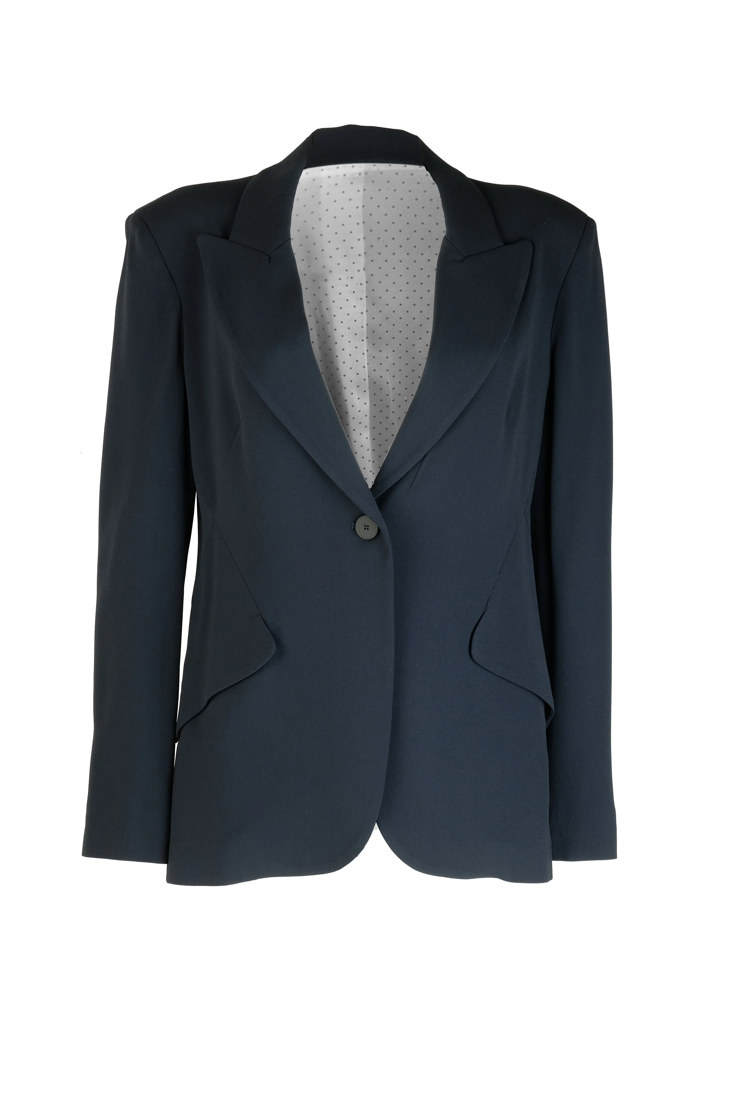 giacca blu in cady misto acetato e viscosa stretch con fodera a pois bianca e nera