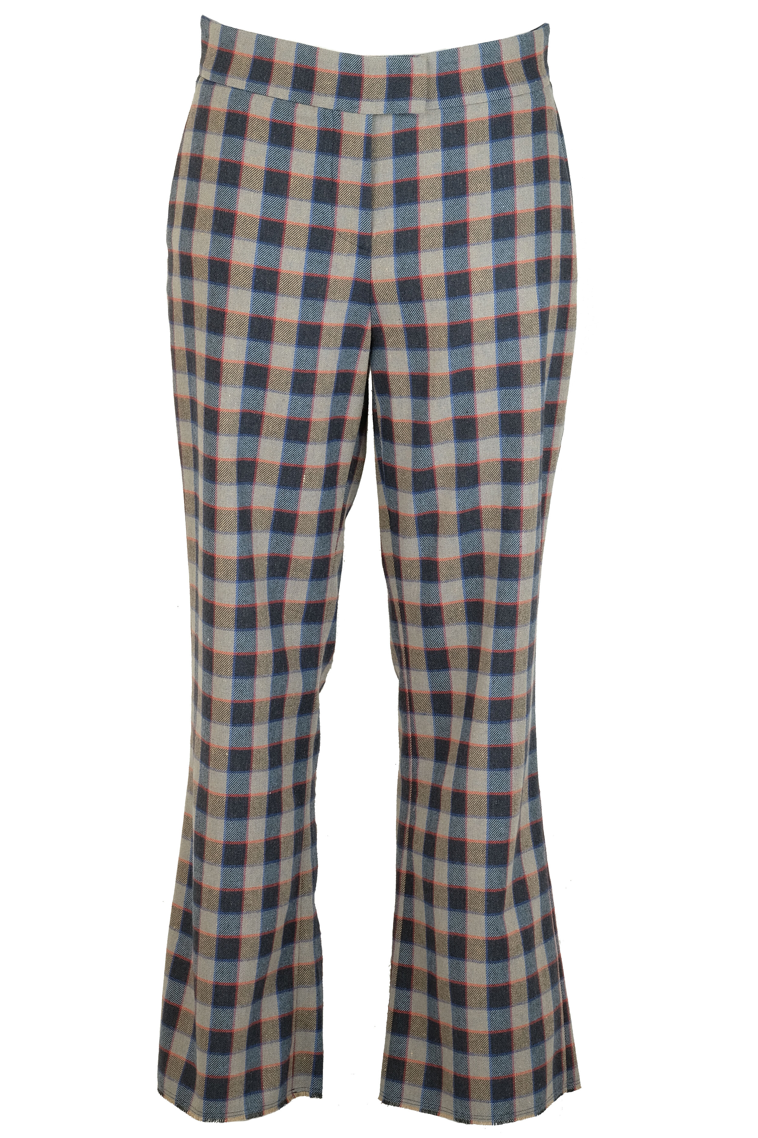 Pantalone a trombetta in flanella misto cotone e lana a quadri blu e beige