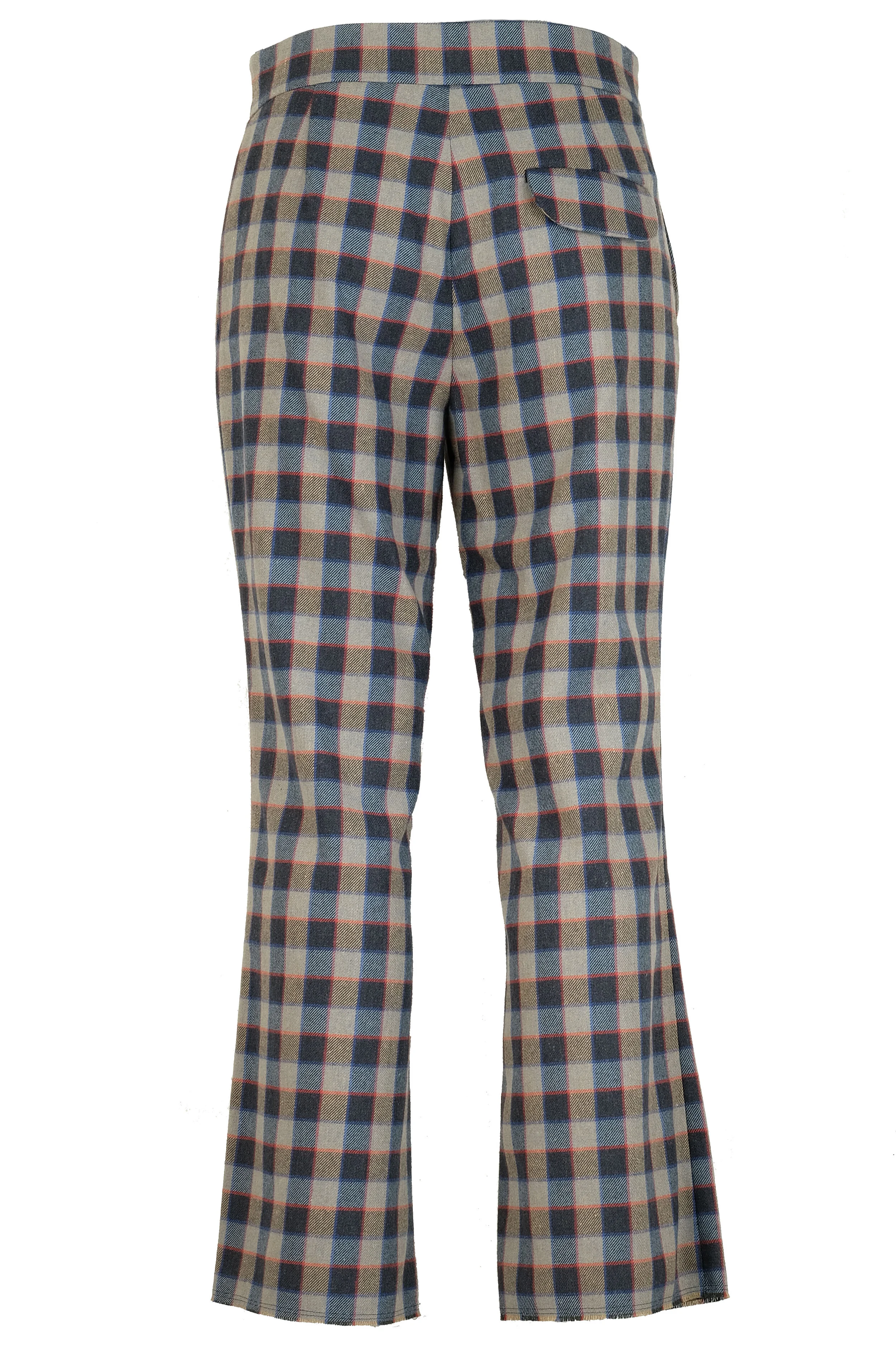 Pantalone a trombetta in flanella misto cotone e lana a quadri blu e beige