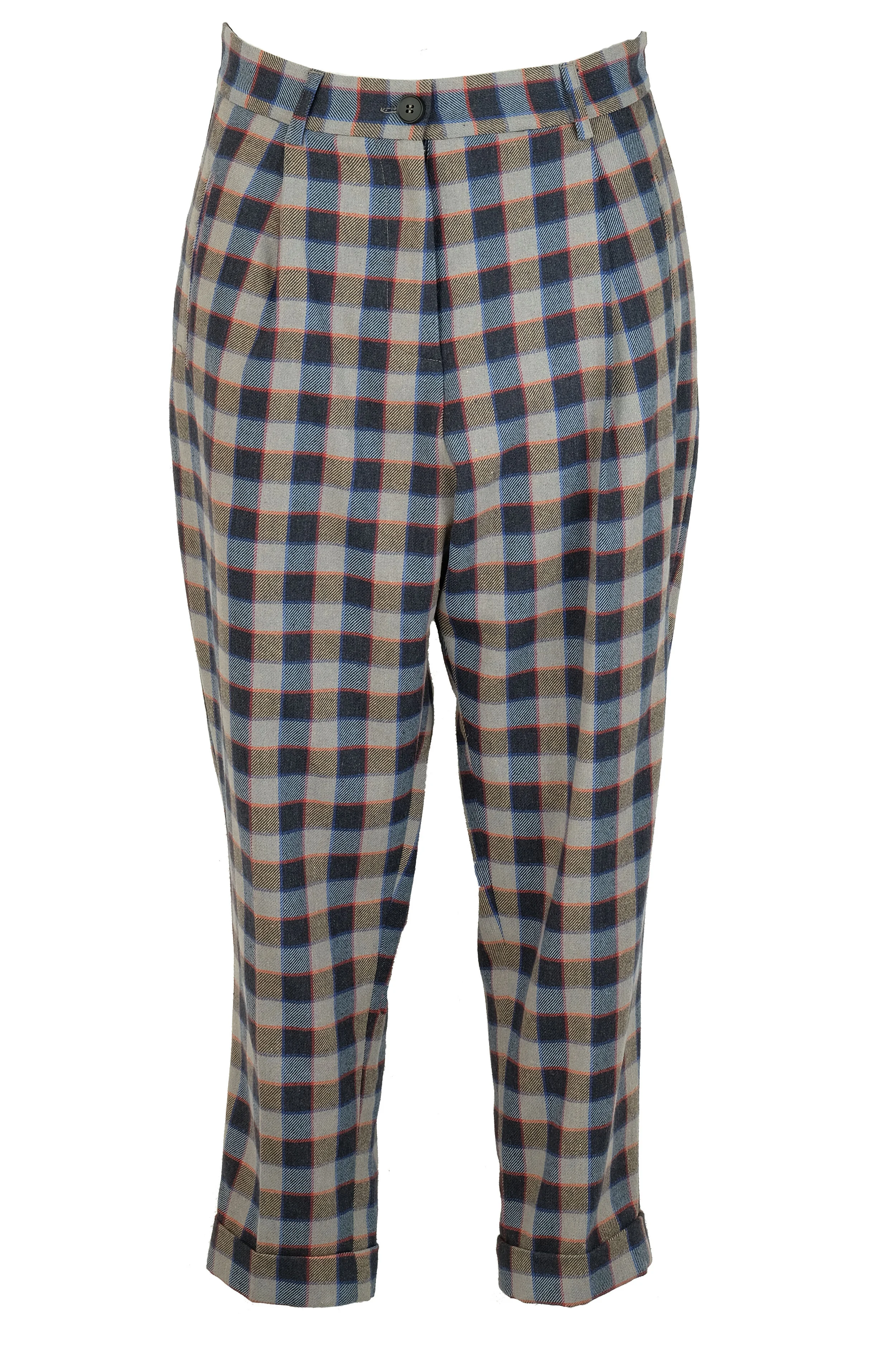 Pantalone a carota in morbida flanella misto cotone e lana a quadri beige e blu