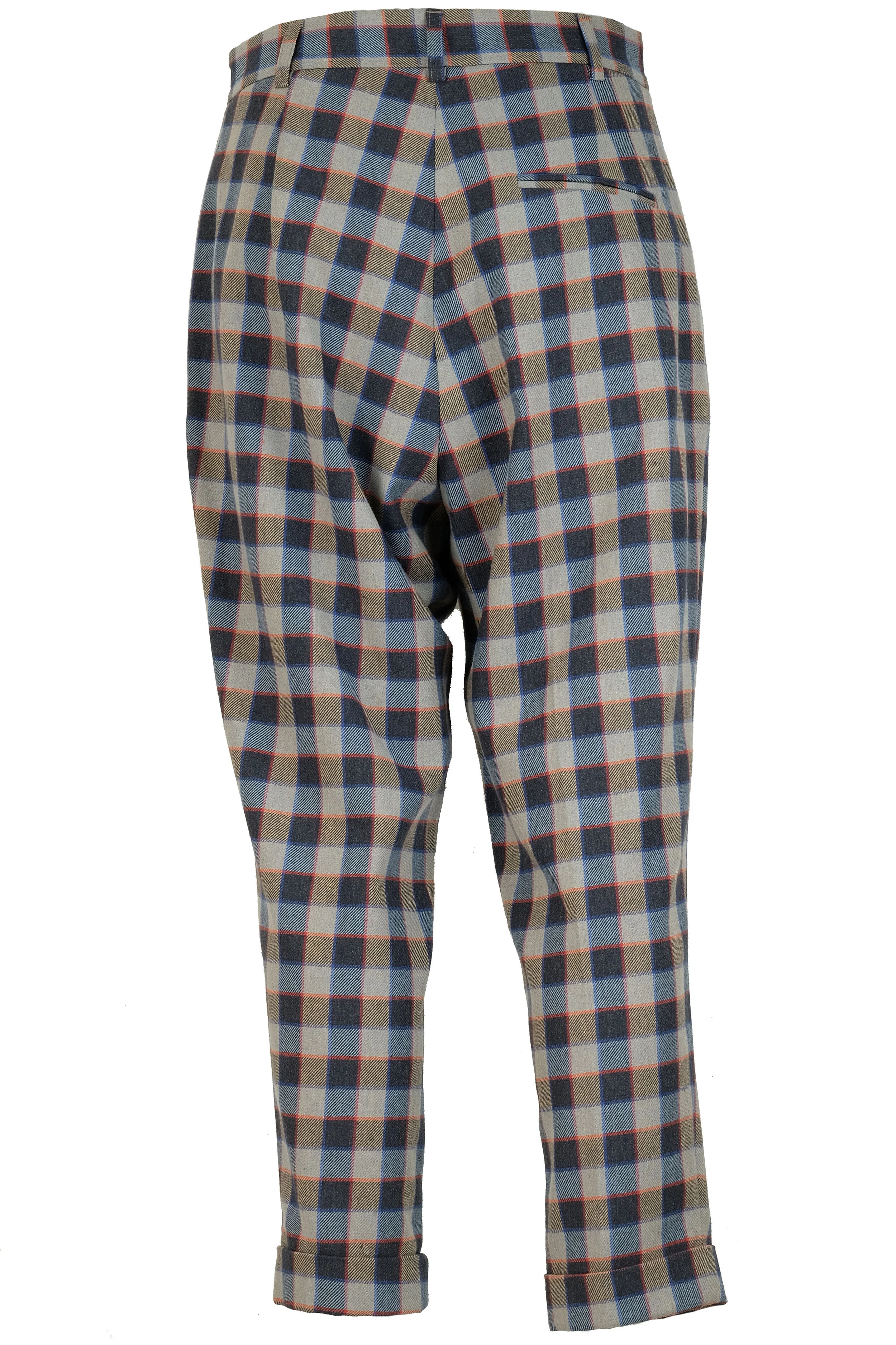 Pantalone a carota in morbida flanella misto cotone e lana a quadri beige e blu