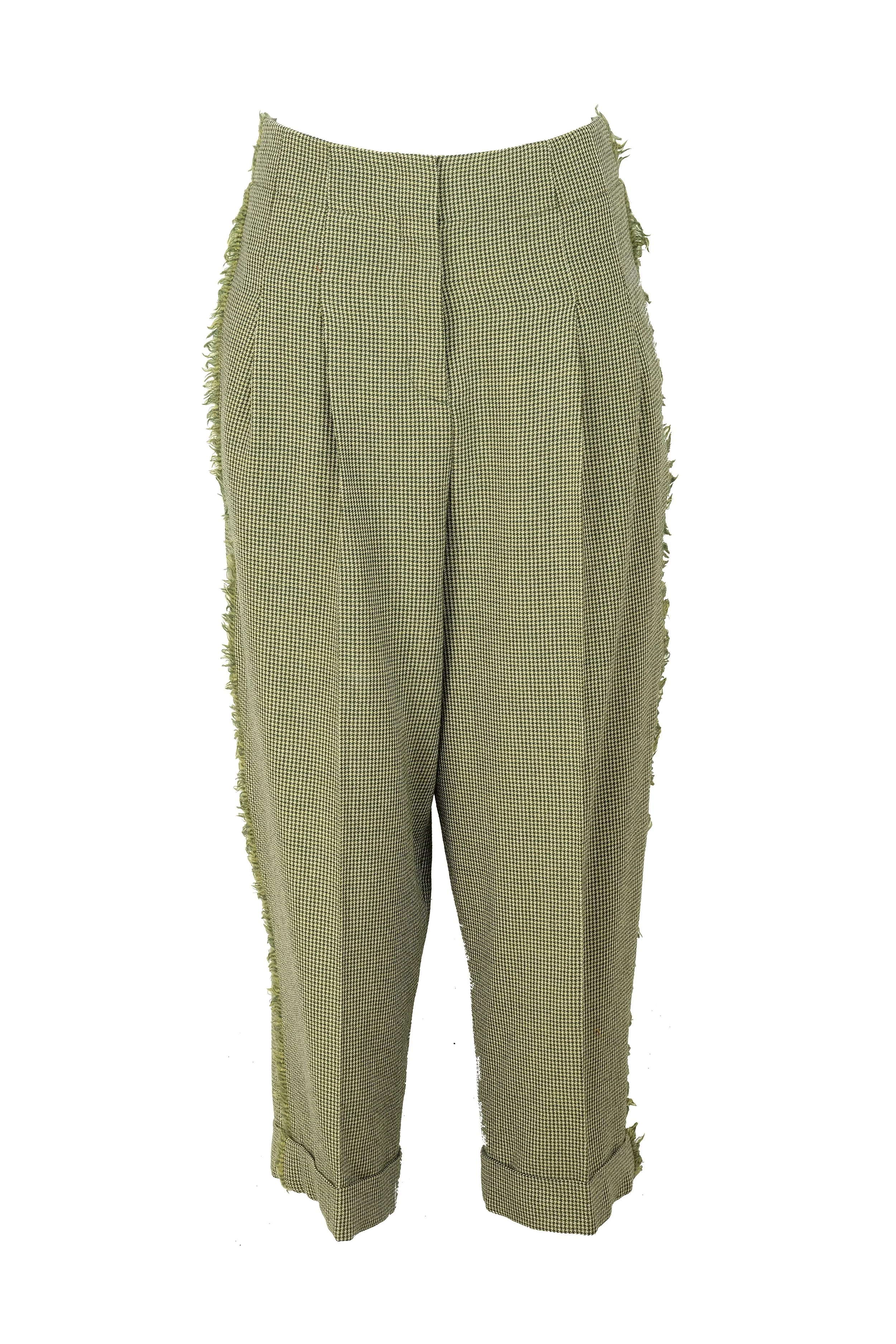Pantalone a carota in calda flanella misto lana vergine e viscosa con micro motivo a pied de poule verde