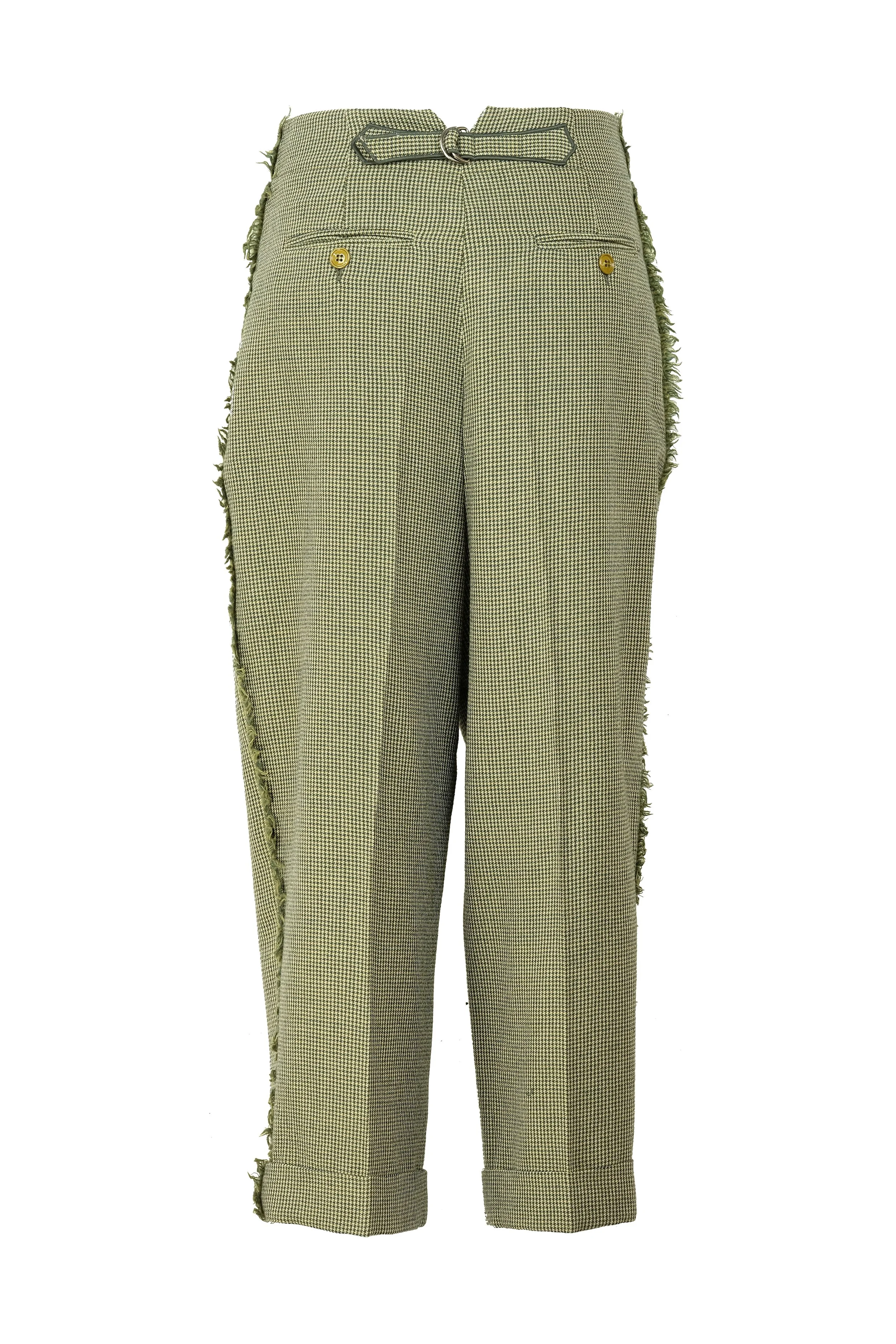 Pantalone a carota in calda flanella misto lana vergine e viscosa con micro motivo a pied de poule verde