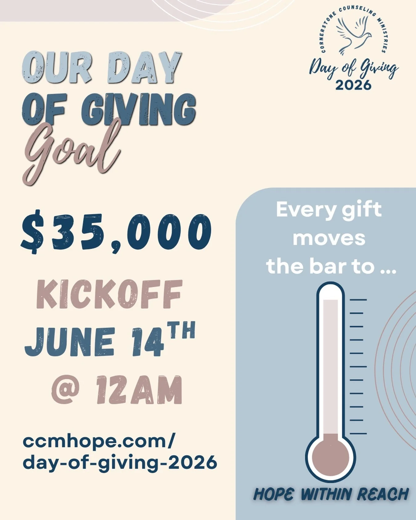 Here&rsquo;s our big, hopeful number for June 14: $35,000. 🎯

That&rsquo;s our goal for this year&rsquo;s Day of Giving &mdash; and it&rsquo;s how we widen access to counseling, training, and support for individuals and families who need a place to 