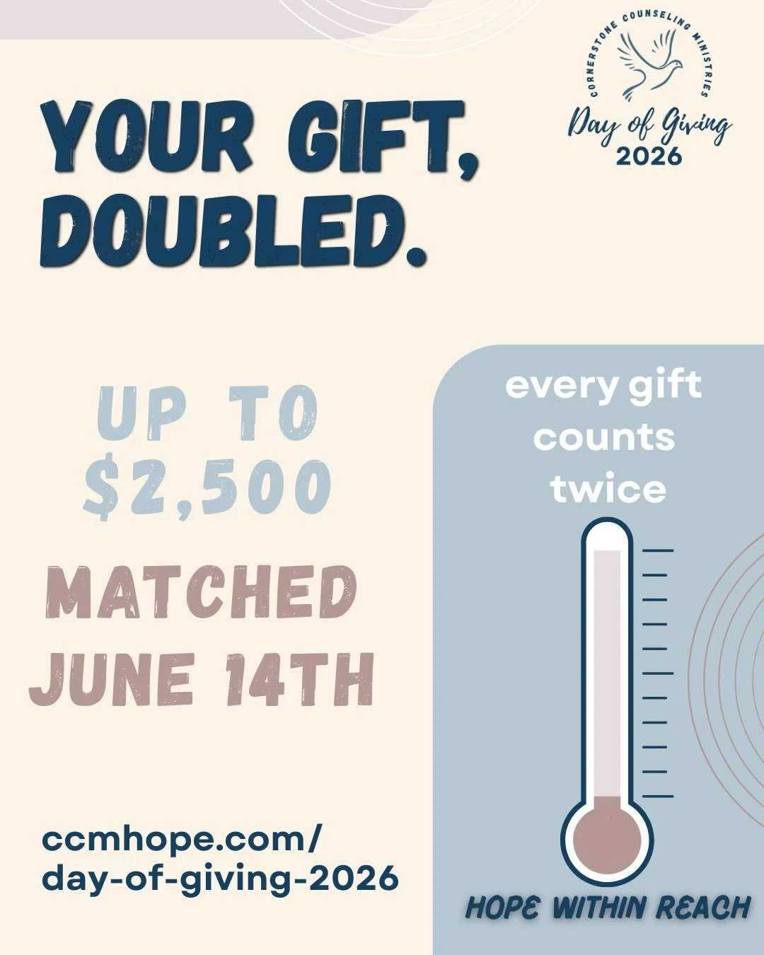 Here's the best part&hellip; your generosity goes twice as far. 🔁 

On June 14, every dollar, up to $2,500, is MATCHED &mdash; so $25 becomes $50, and $50 becomes $100. 

Same heart, double the hope. 

Set a reminder, rally your people, and let's mo