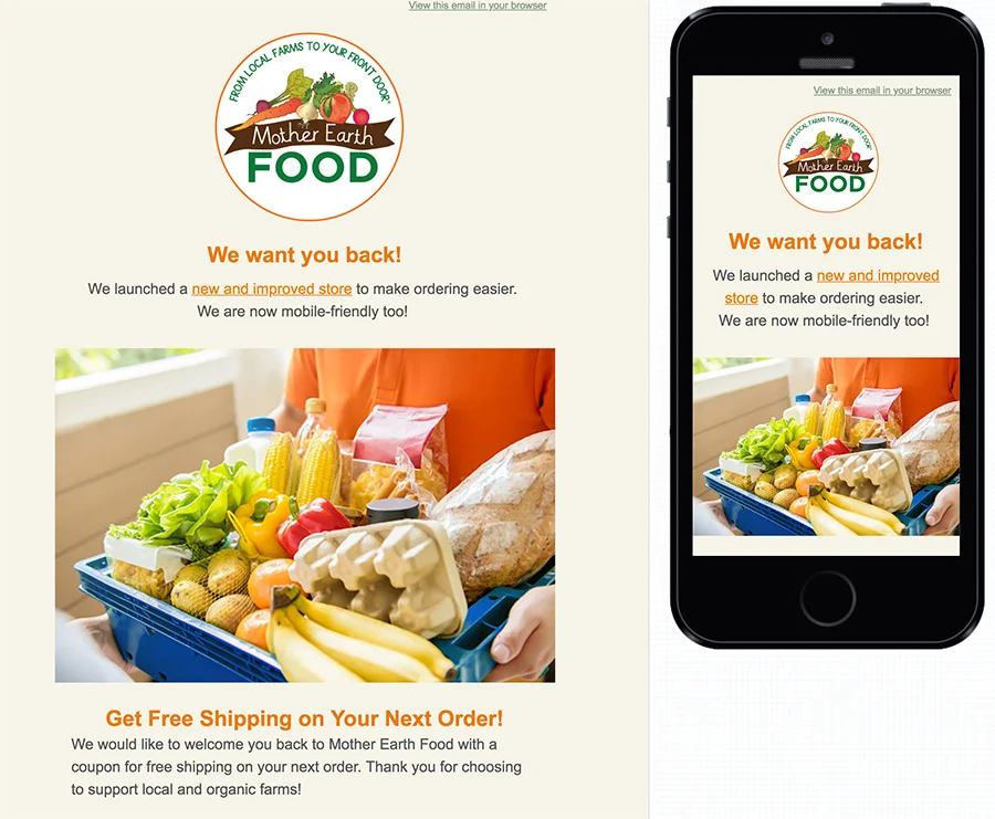 Newsletter design for Mother Earth Food- Mailchimp desktop and mobile newsletter designs shown next to each other