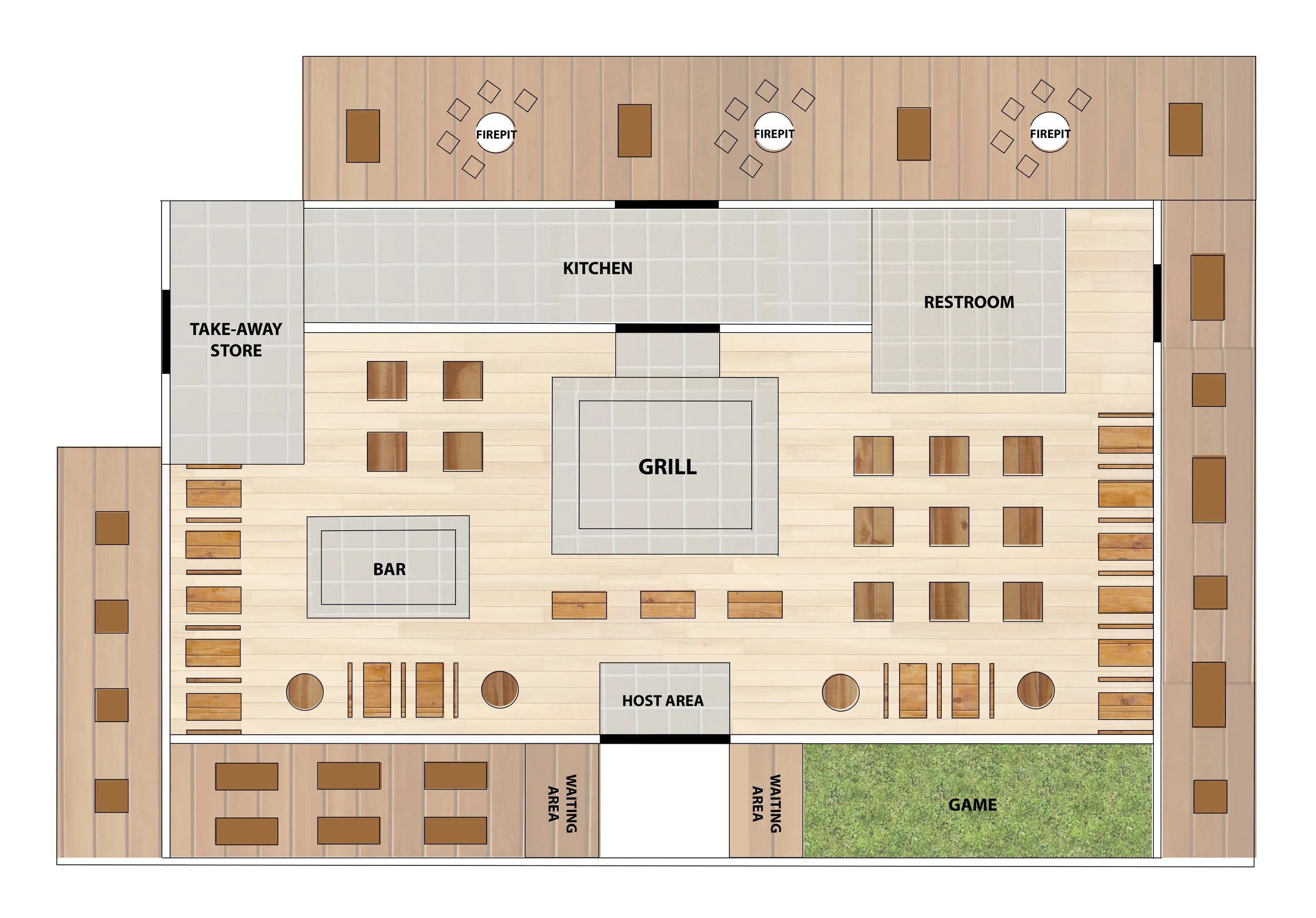 New store layout with emphasis on the communal grill, lawn games for waiting and outside fire-pits for relaxation.