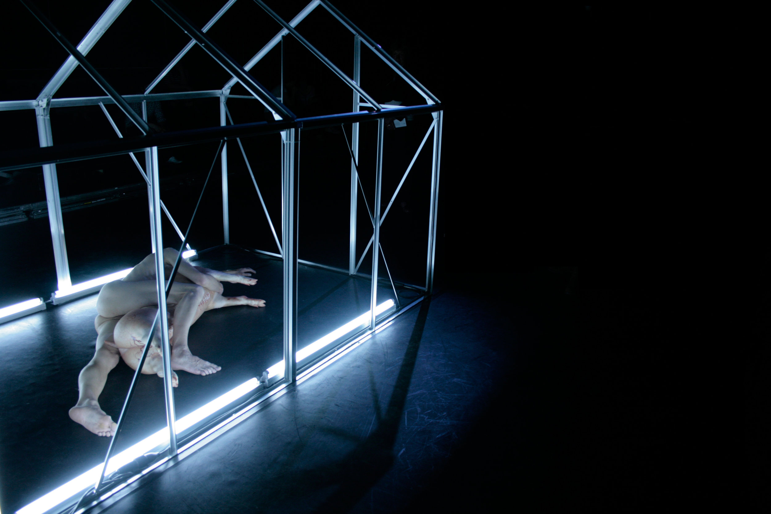 DERMOGRAPHIA (from LONE DUETS) Live performance Material 2-4 hour durational performance with pig carcass, aluminium structure, and fluorescent lights. Exploring skin as a site of inscription and performative value, Dermographia juxtaposes the static body of the dancer with the carcass of a pig. The two bodies, representing the sacred and the profane, remain locked in an embrace between the living and the dead. As time passes, binary distinctions erode and the still life gives way to a trembling momento mori. Between 2005 and 2008, Richard Hancock and Traci Kelly developed Lone Duets – a game of ‘performance chess’, a viral investigation into the form and nature of collaboration. Employing contamination and infection as dramaturgical devices, Hancock and Kelly cultivated a series of 6 solo performances, each made in response to the work of the other, each grappling for the space between. The resulting works are a series of visceral, intimate, and queer events, both moving and spectacular: Richard Hancock Dermographia (2005), Traci Kelly In Season (2006), Richard Hancock Postures A-to-M (2006), Traci Kelly The Mirror Pool (2007), Richard Hancock Open Wound (2007), Traci Kelly Rupture (2008). Lone Duets was presented for the first time in its entirety as part of a New Moves International commission for the National Review of Live Art (UK), in 2009. Performed Künstlerhaus Mousonturm, Frankfurt, DE (2009) National Review of Live Art, Glasgow, UK (2009) Tramway, Glasgow, UK (2007) The Powerhouse, Nottingham, UK (2005) Photo credits: Luke Warda