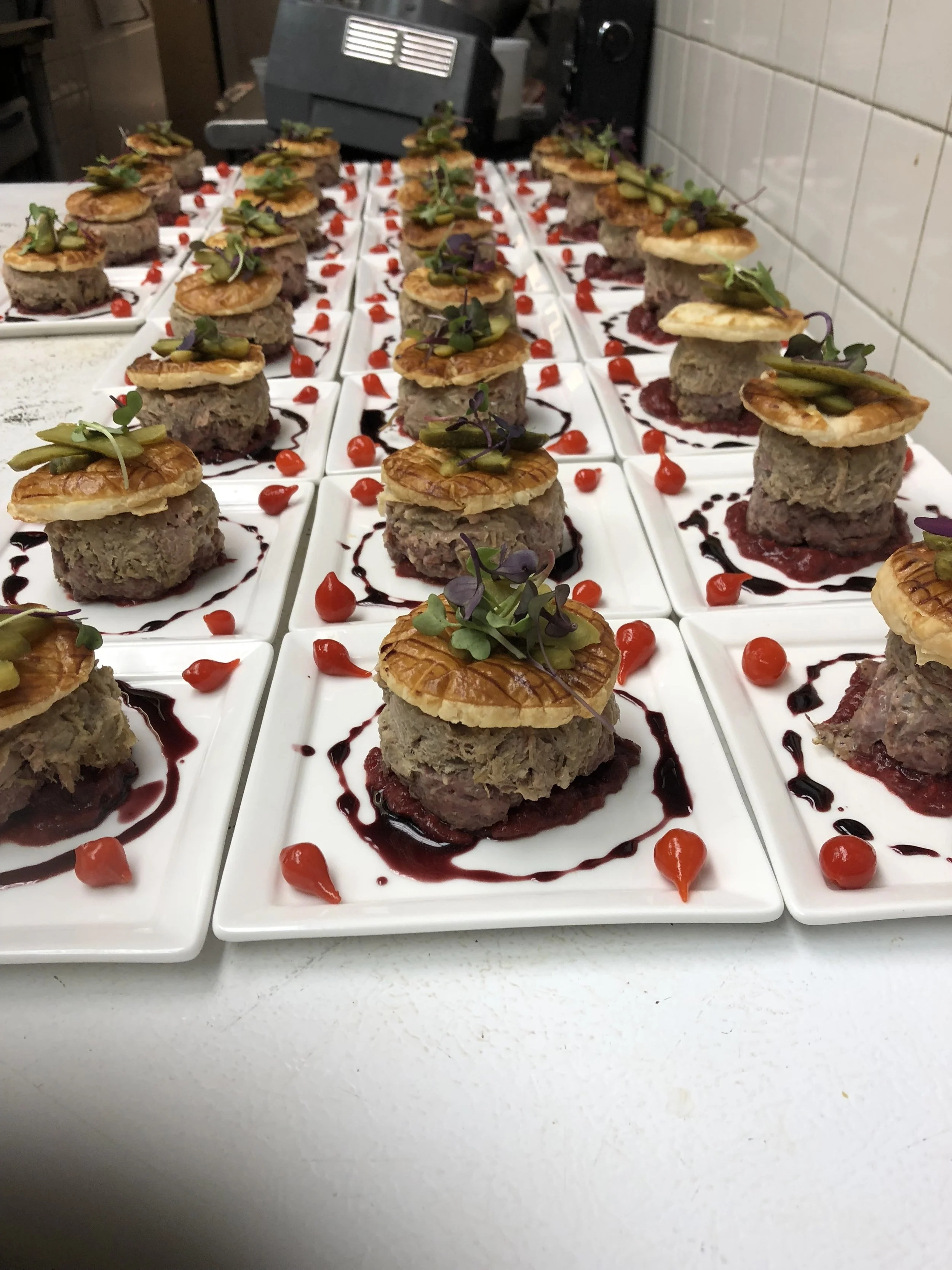 Homemade Paté, crispy flaky dough and beet, cranberry, strawberry, onion compote with a red wine vinegar glaze.